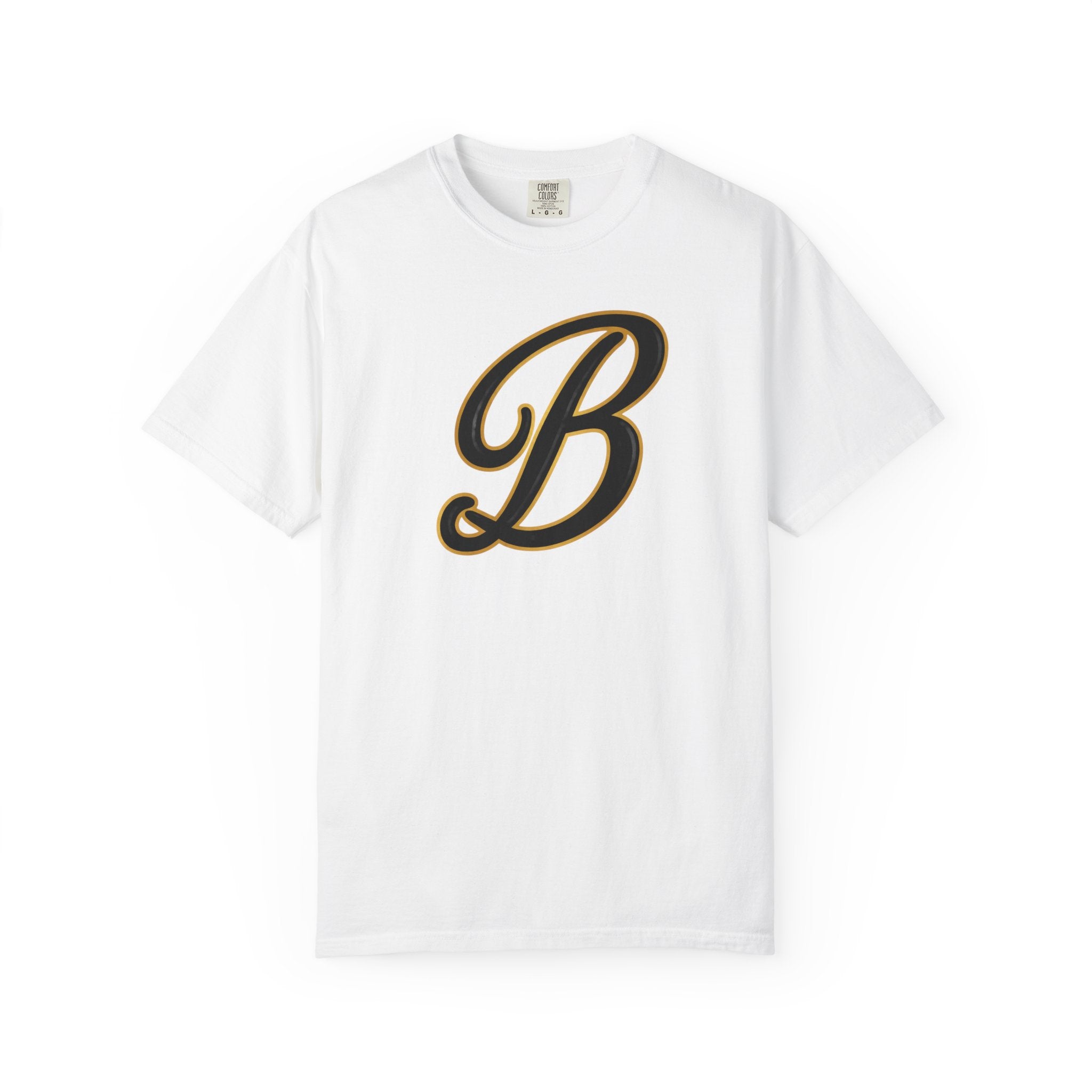 White streetwear tee with bold black and gold letter B graphic, urban style graphic tee