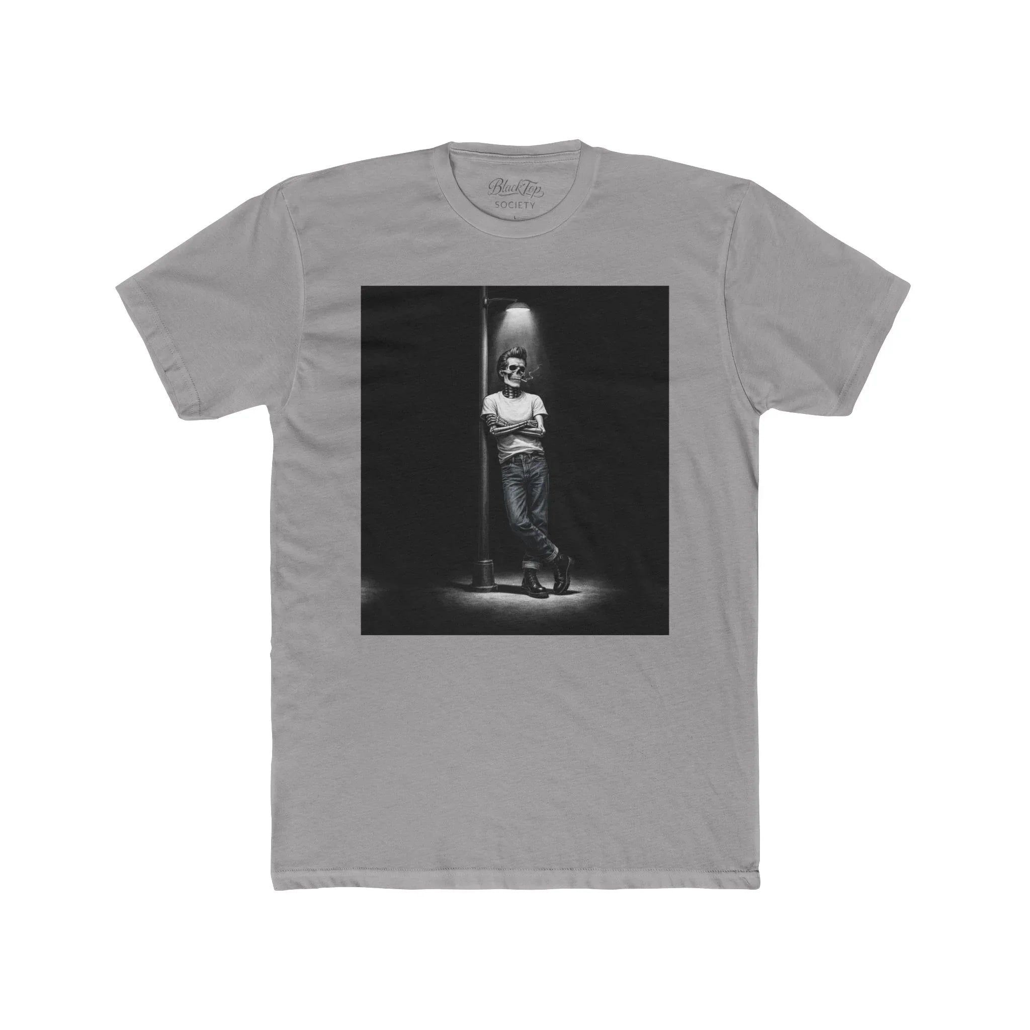 Gray streetwear tee with graphic of skeleton in jeans under streetlight, rep blacktop culture