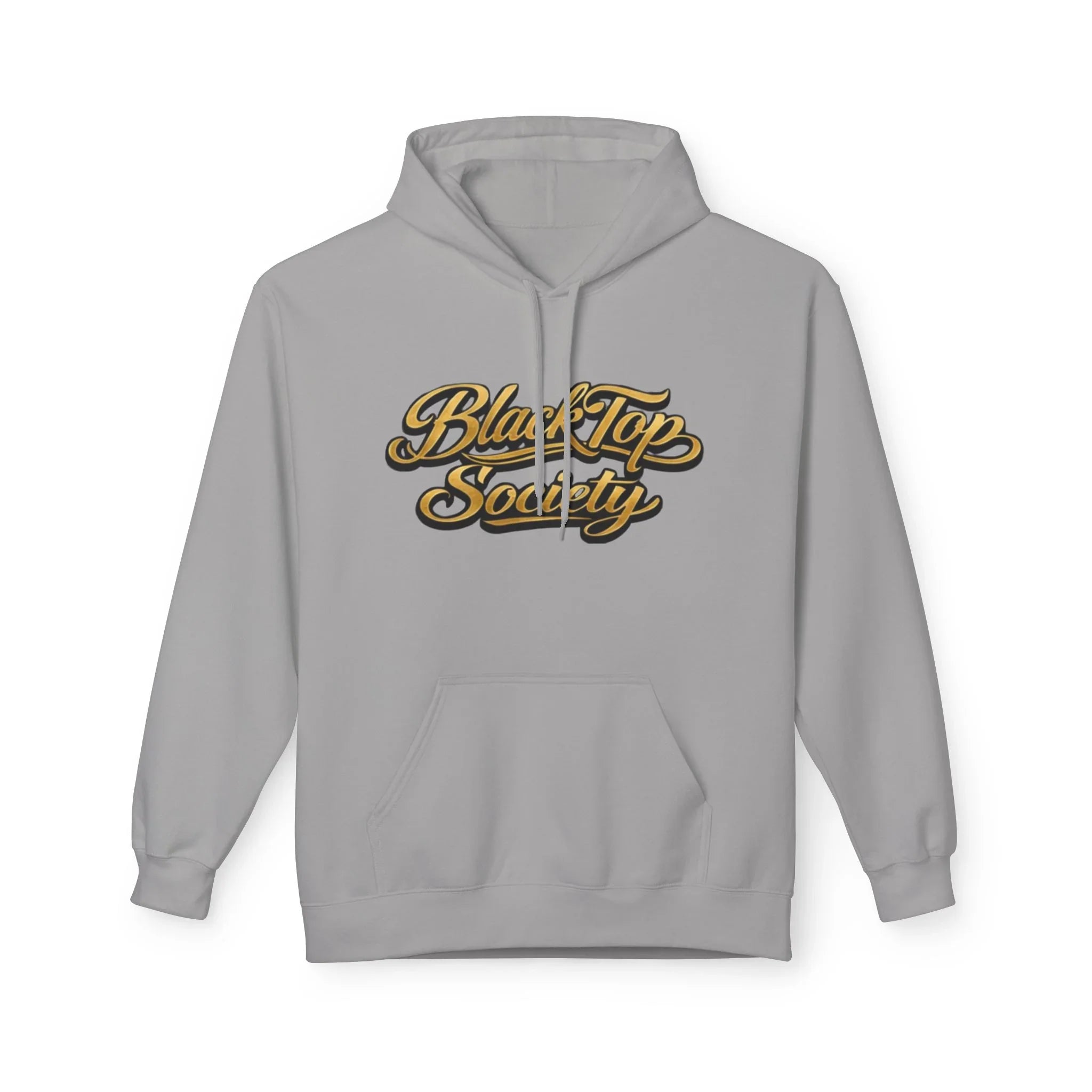 Gray hoodie with gold BlackTop Society script logo, streetwear style with front pocket