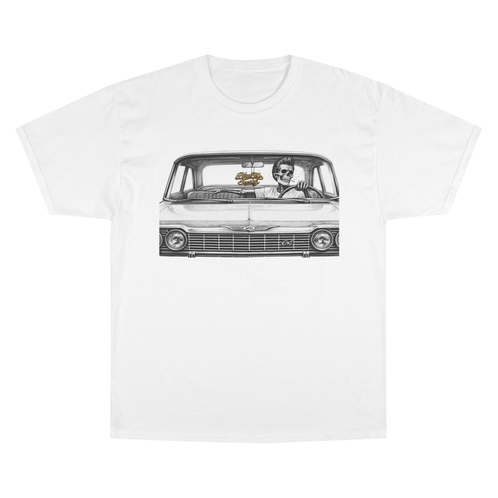 White graphic tee with skeleton driving classic car, streetwear style