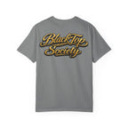 Gray graphic tee with gold BlackTop Society script logo, streetwear style