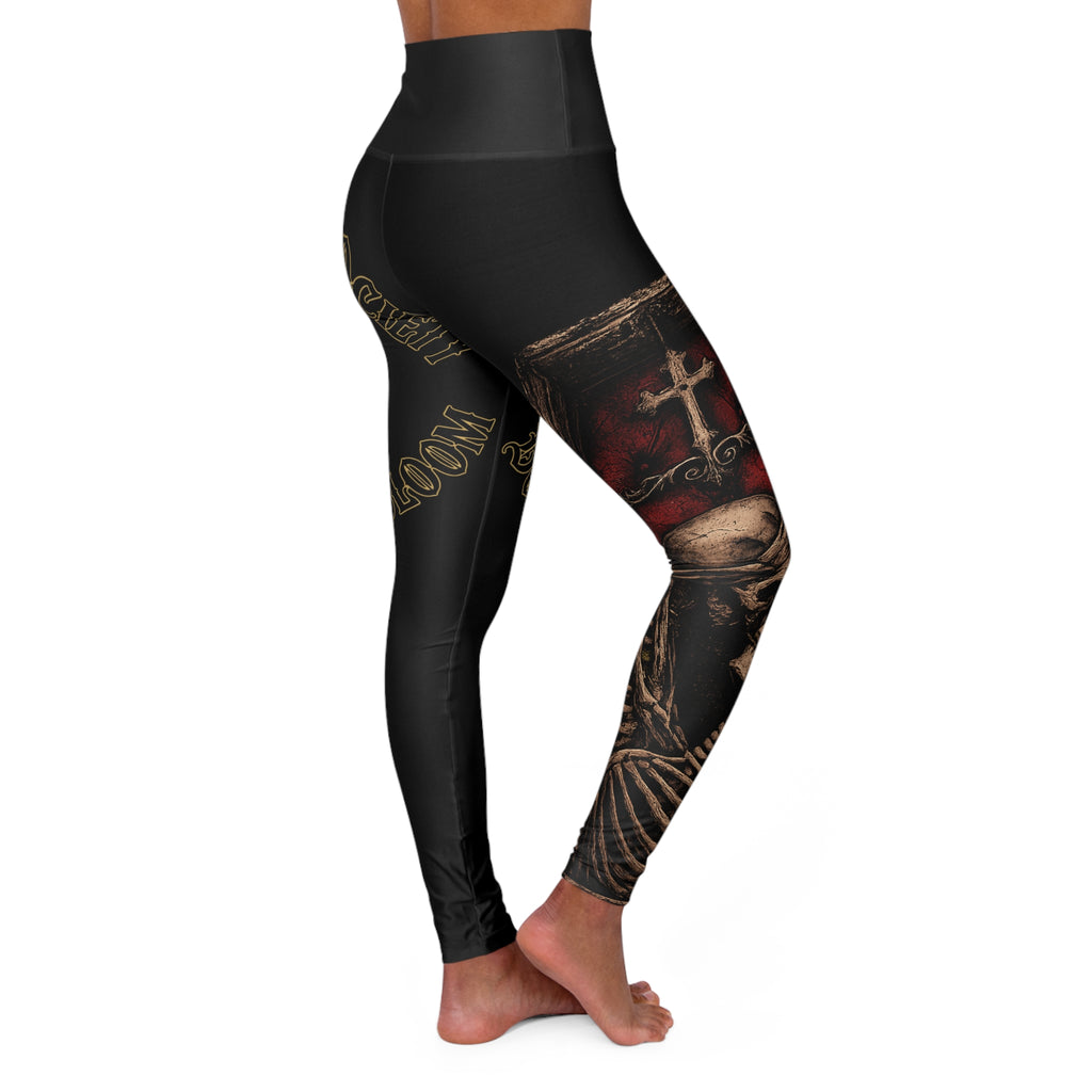 Black high-waisted leggings with gothic cross and skeleton print, streetwear style