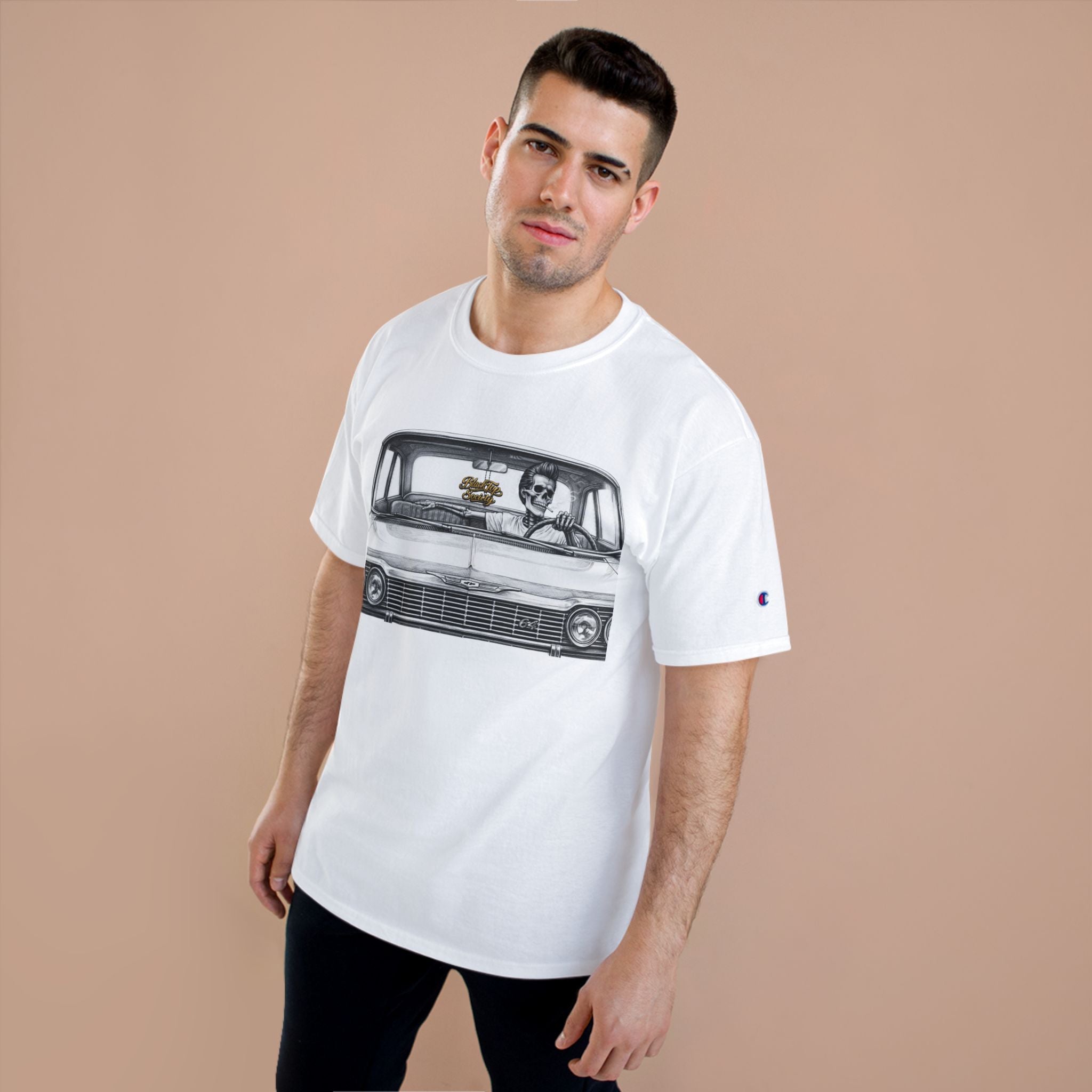 White graphic tee with skeleton driving classic car, streetwear style