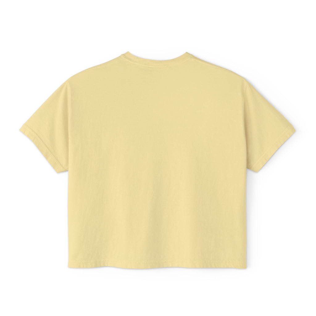 Pale yellow oversized graphic tee, back view, streetwear style