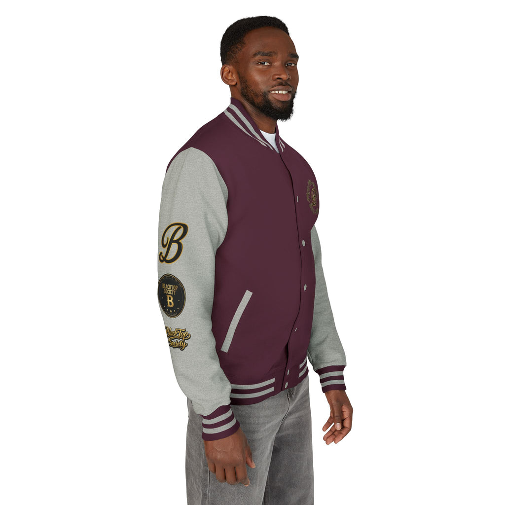 Black & White Letterman Jacket — 'Blue Top Society' Skeleton Biker Design