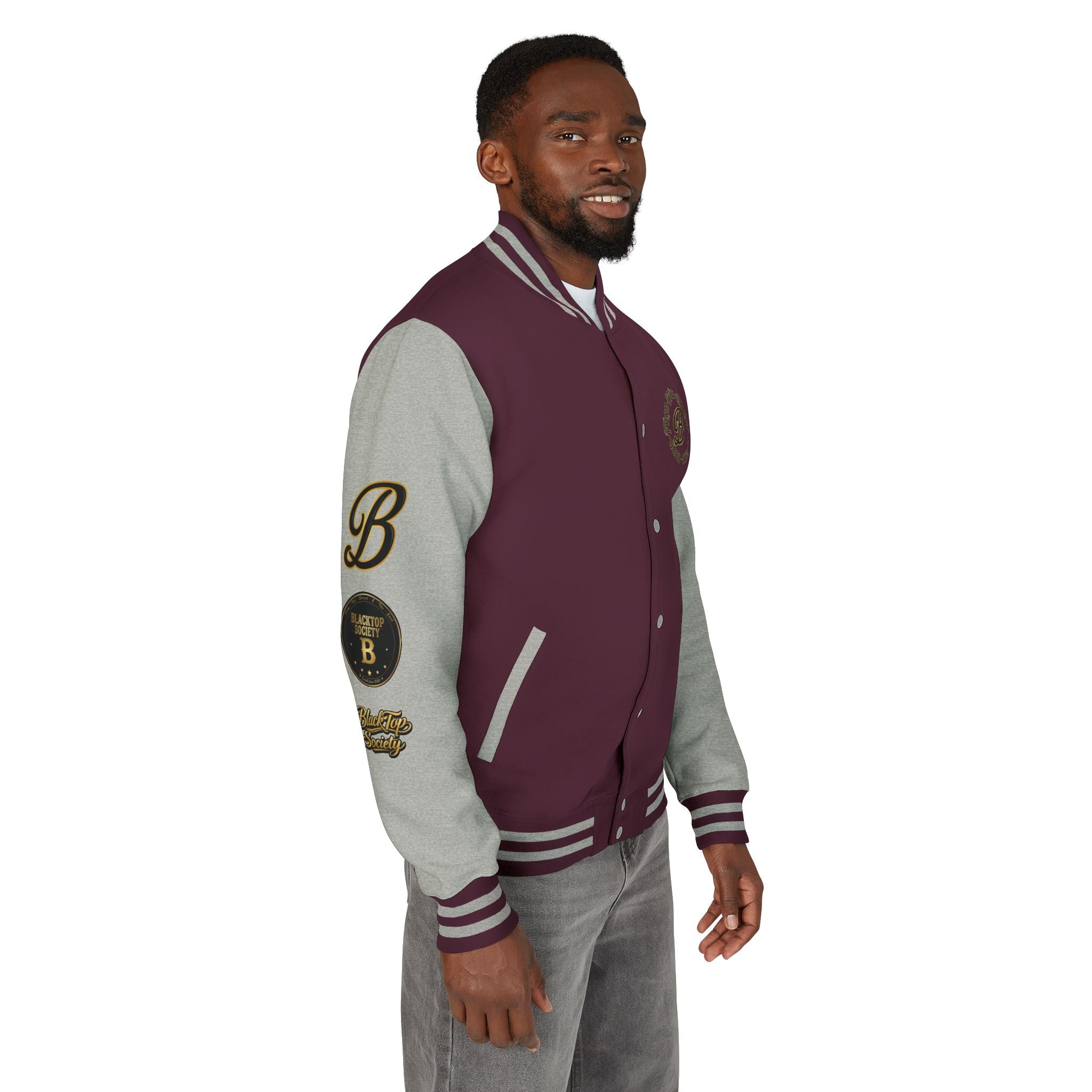 Black & White Letterman Jacket — 'Blue Top Society' Skeleton Biker Design