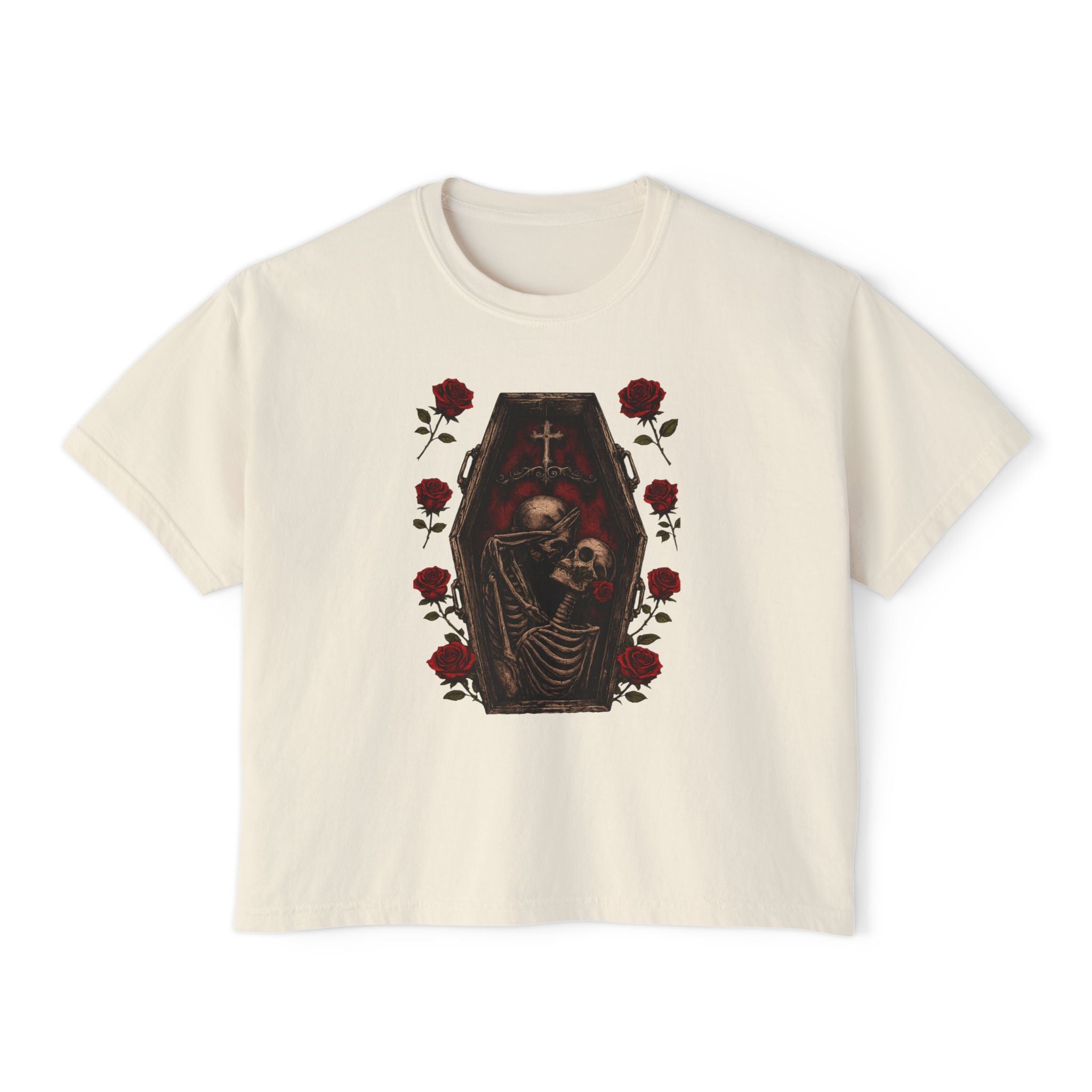 Women's Boxy Tee - Gothic Coffin Skeleton & Roses Graphic Shirt