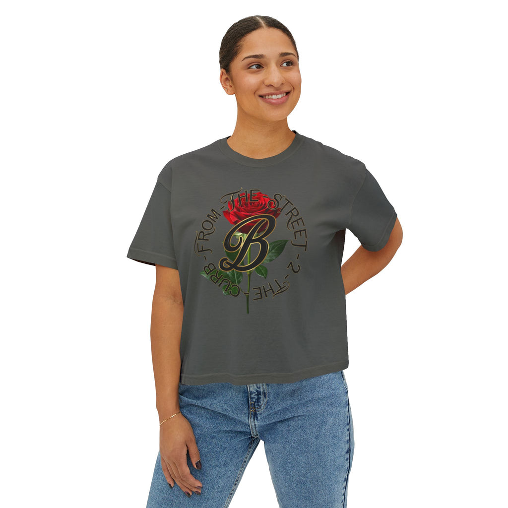 Women's streetwear tee with red rose graphic and 'From The Street 2 The Curb' text, urban fashion style