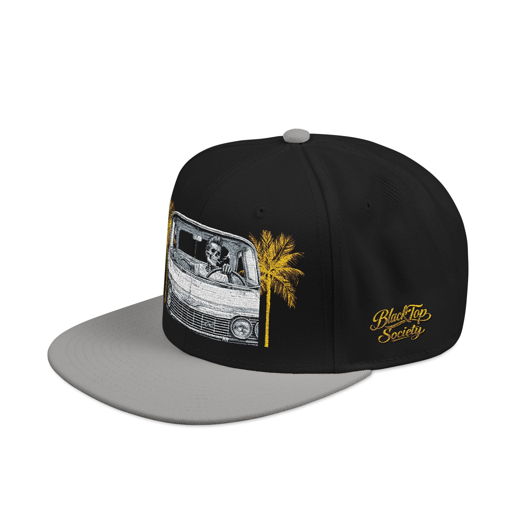Vintage camper snapback hat with embroidered palm tree and van design, view 7