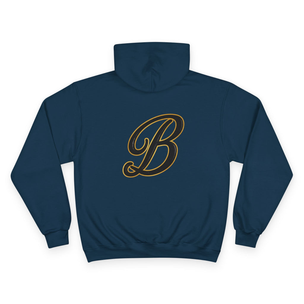 Navy blue hoodie with bold black and gold letter B graphic, streetwear style