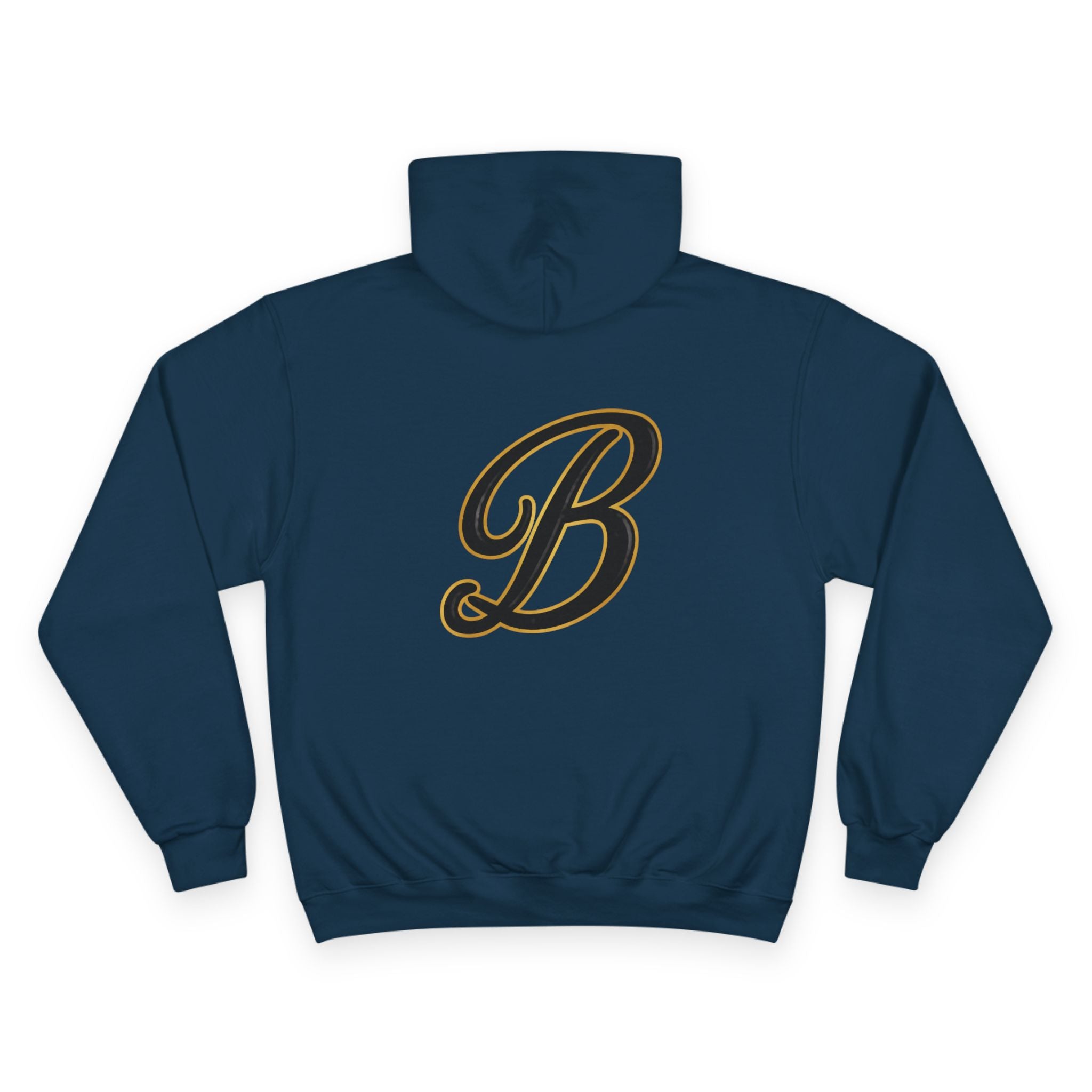 Navy blue hoodie with bold black and gold letter B graphic, streetwear style