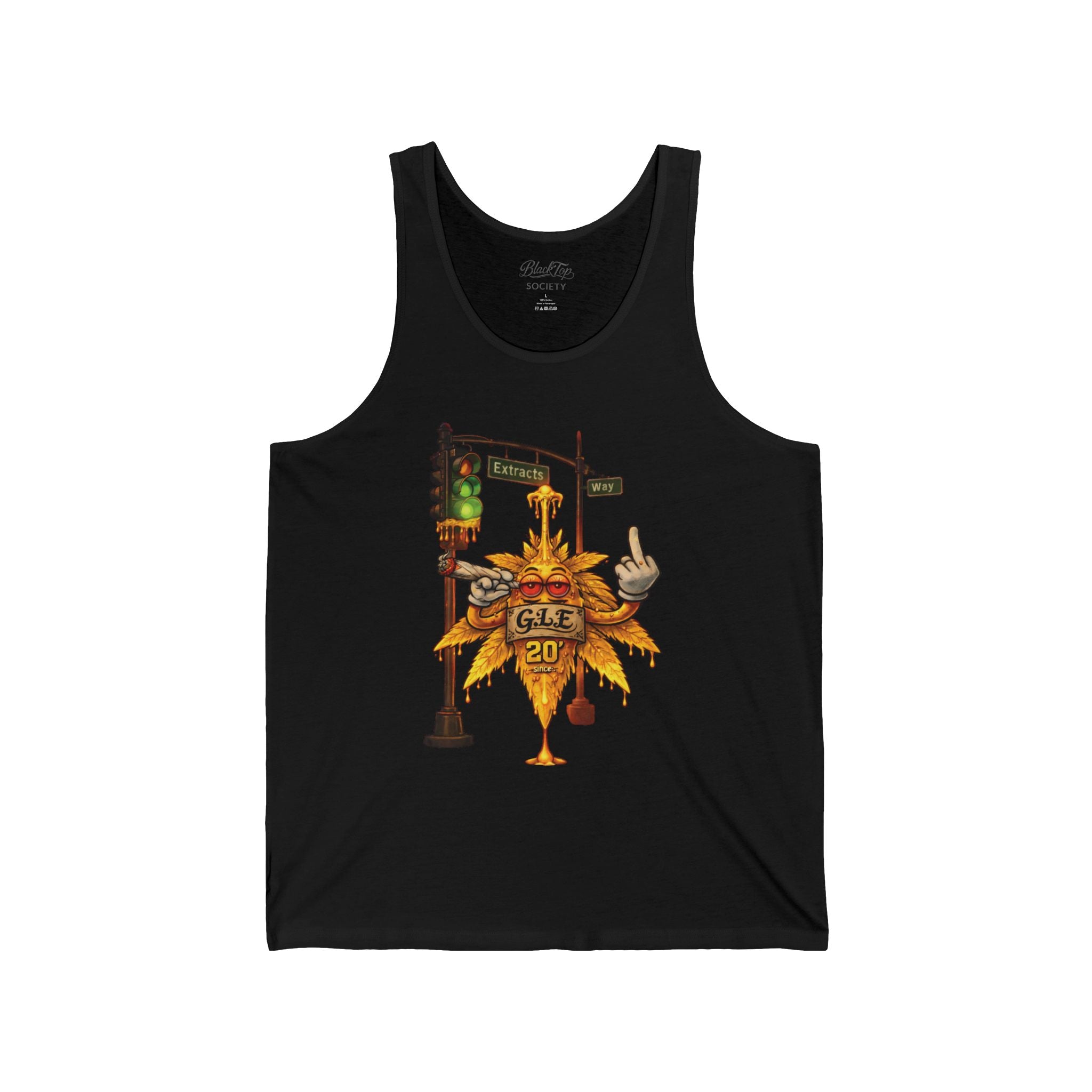 Black tank top with cartoon cannabis leaf character, traffic light, and 'G.L.E 20' graphic, streetwear style