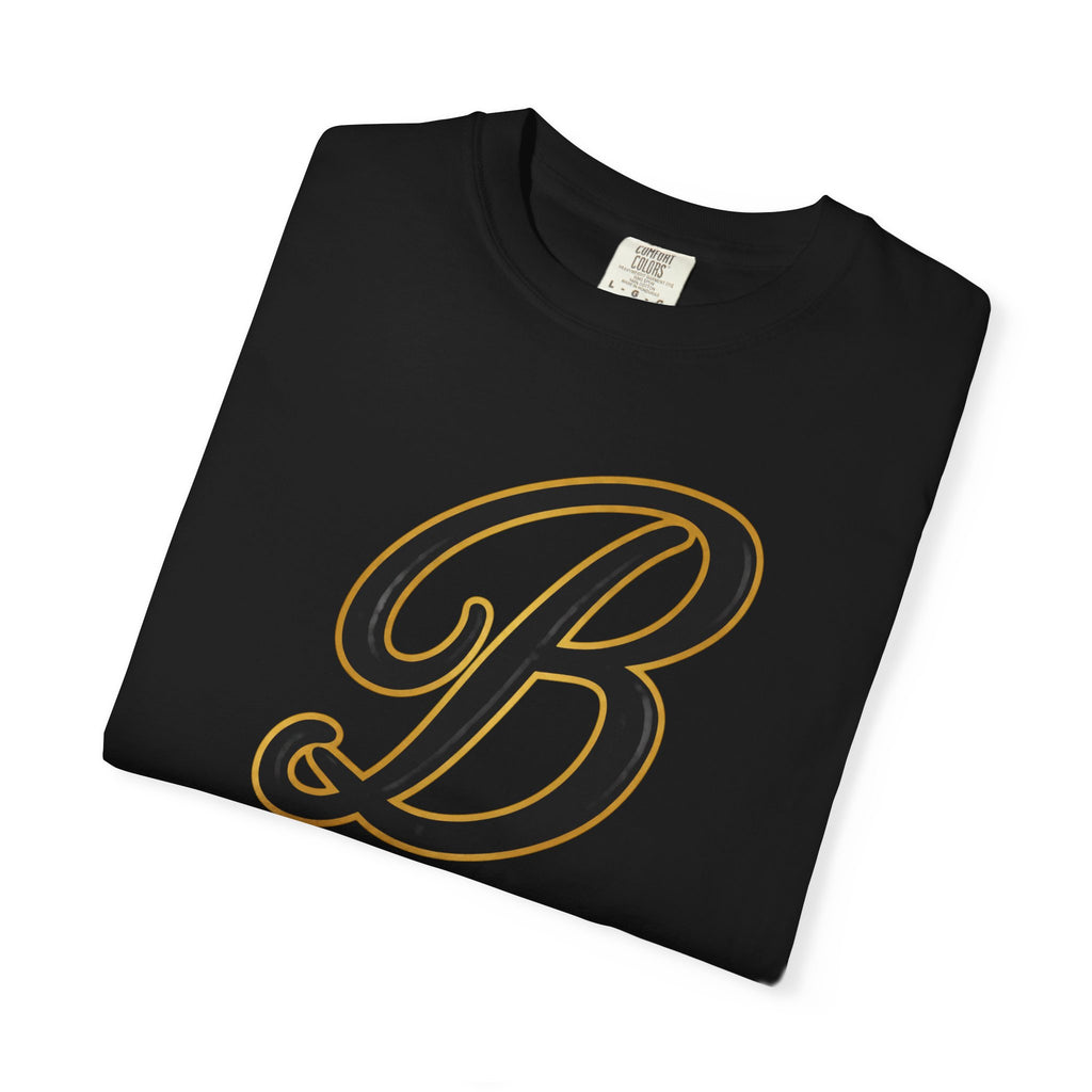 Black streetwear tee with bold gold letter B graphic, folded on white background