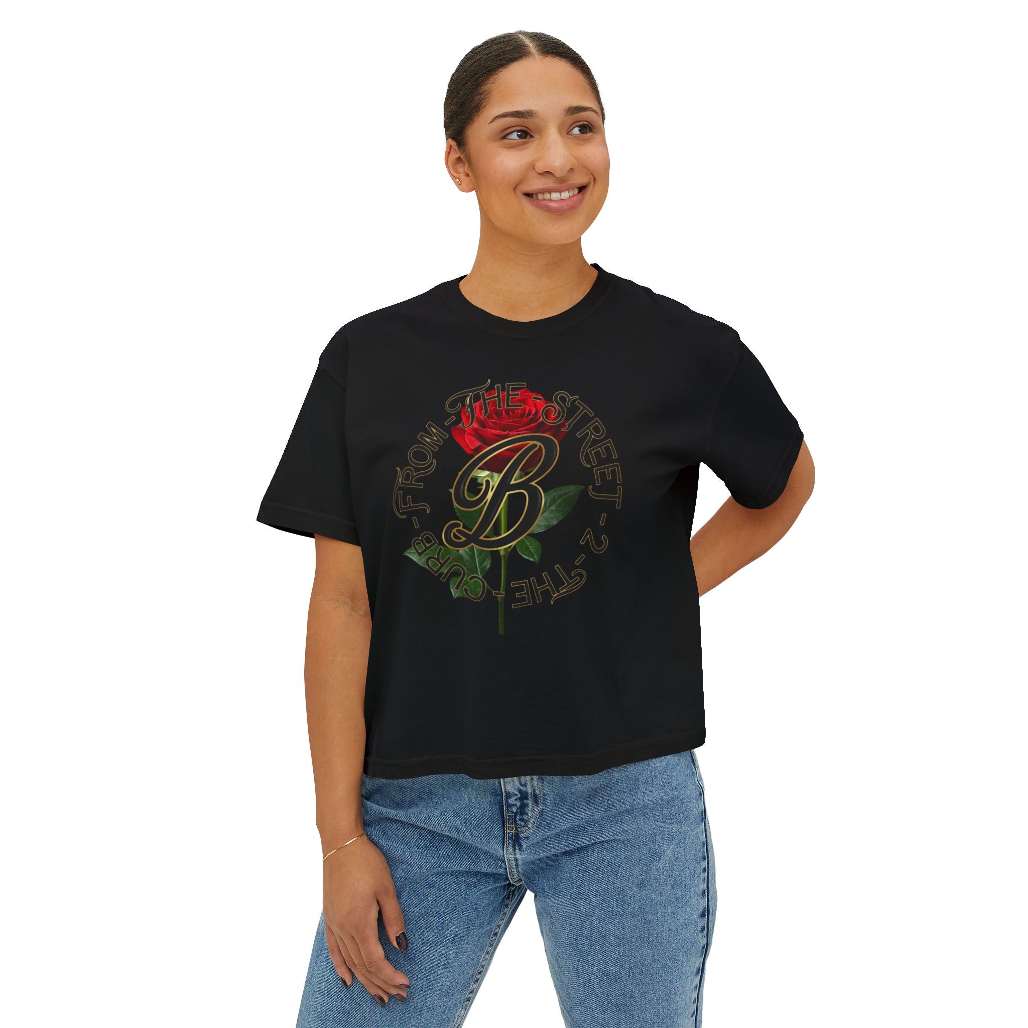 Black streetwear tee with red rose and 'From The Street 2 The Curb' graphic, women's fashion