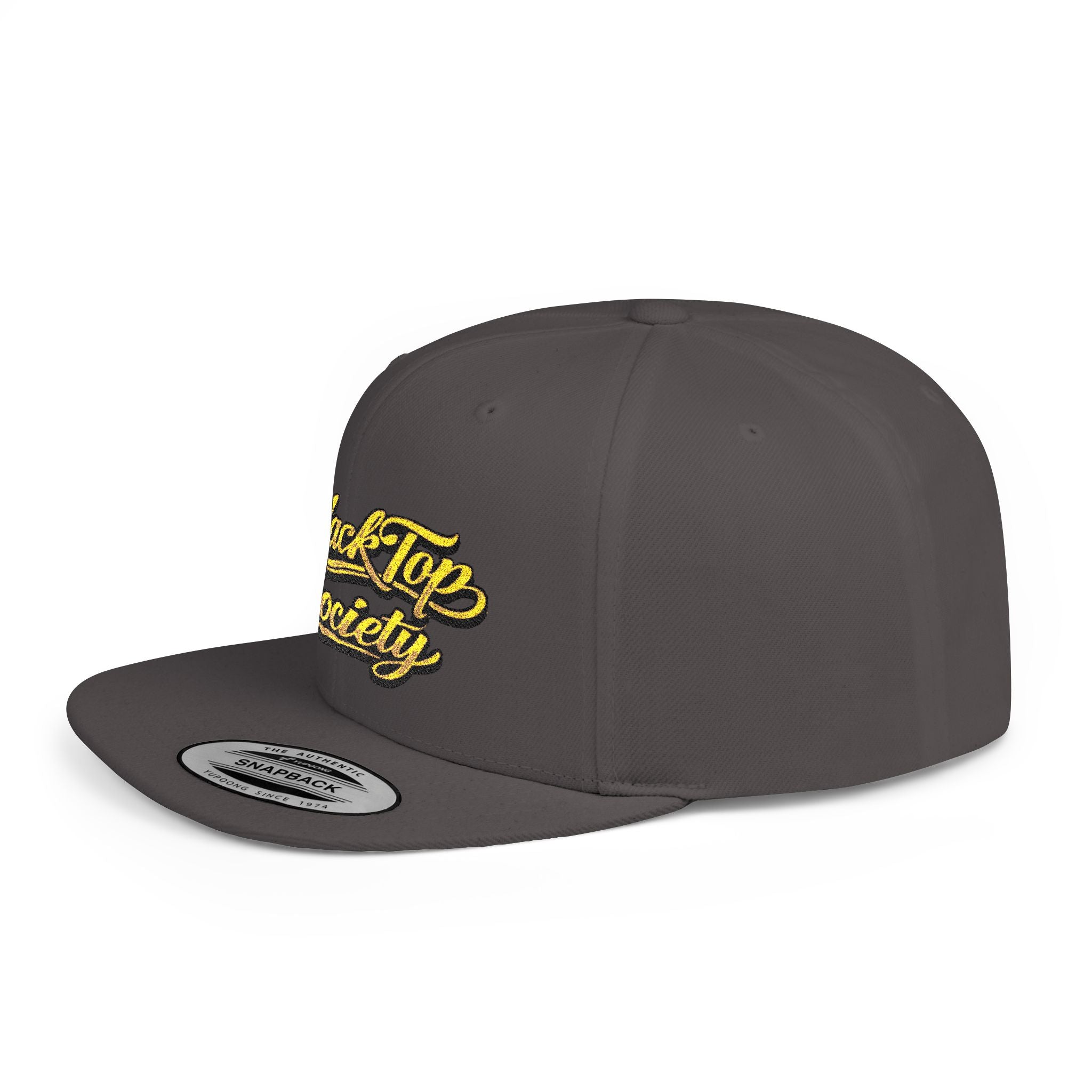 BlackTop Society snapback hat with gold script logo, streetwear style flat brim cap