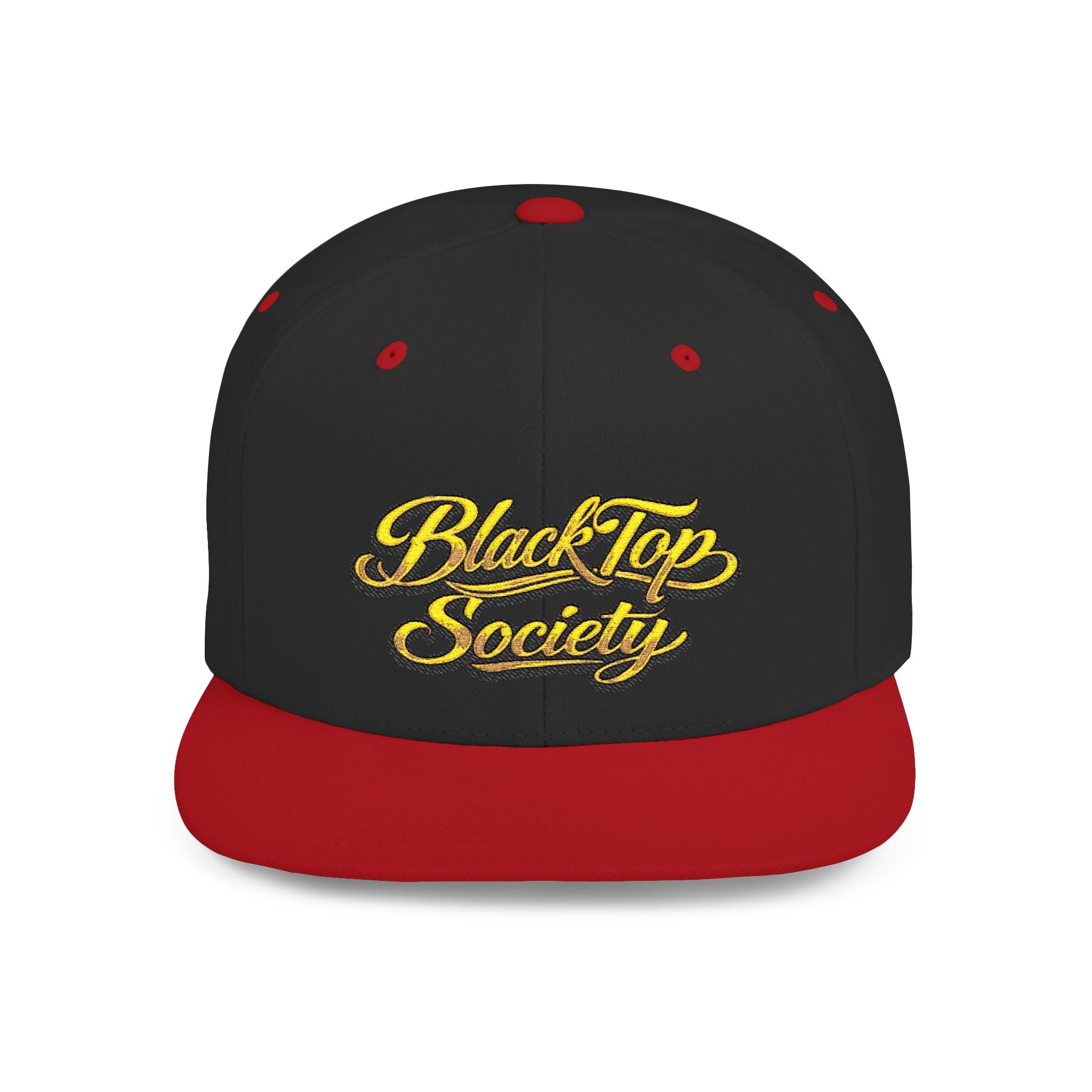 Black and red snapback hat with 'BlackTop Society' in gold script, streetwear style