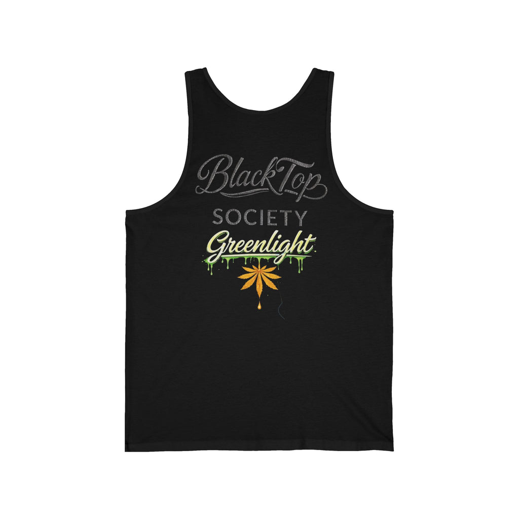 Black tank top with 'BlackTop Society Greenlight' graphic and cannabis leaf design, streetwear style