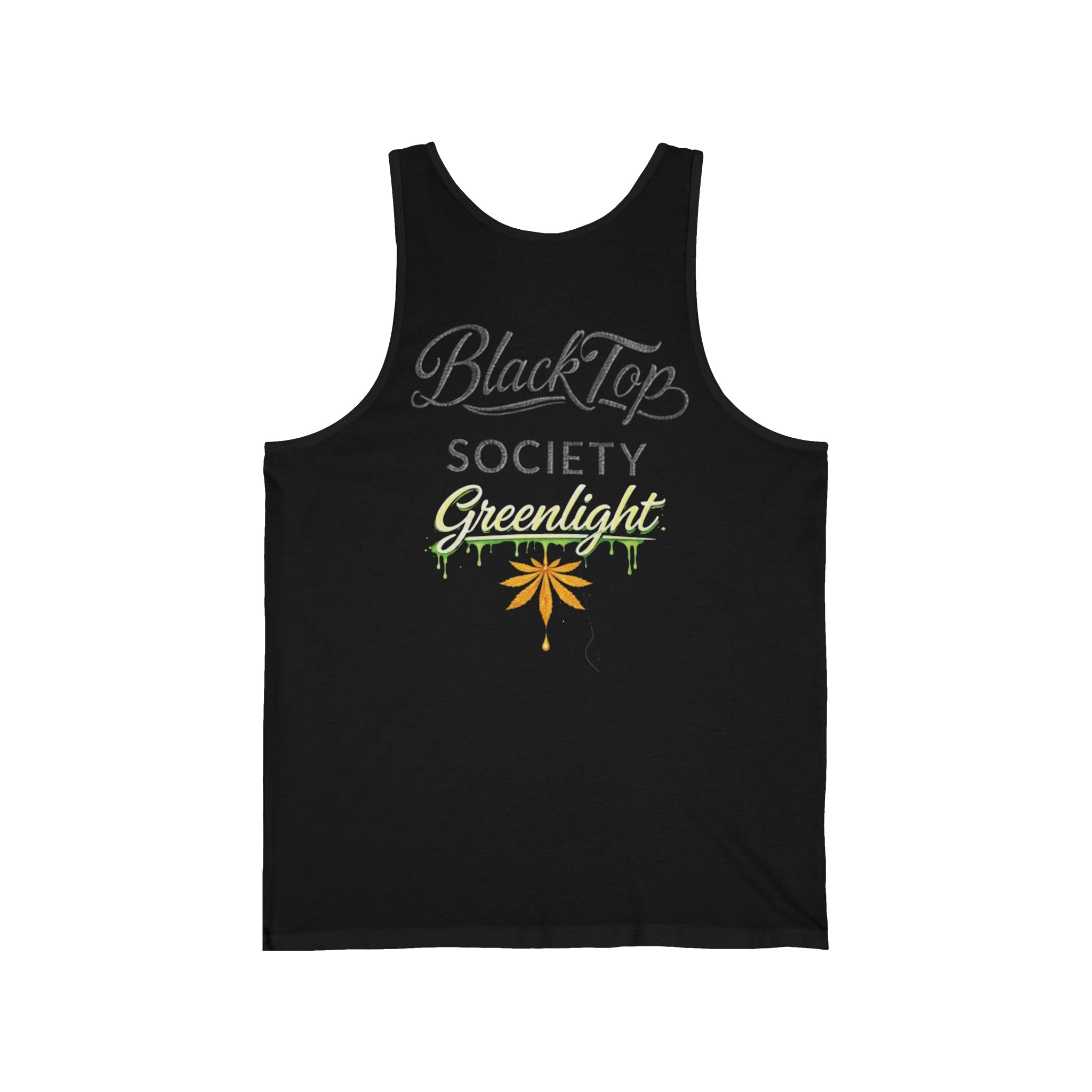 Black tank top with 'BlackTop Society Greenlight' graphic and cannabis leaf design, streetwear style