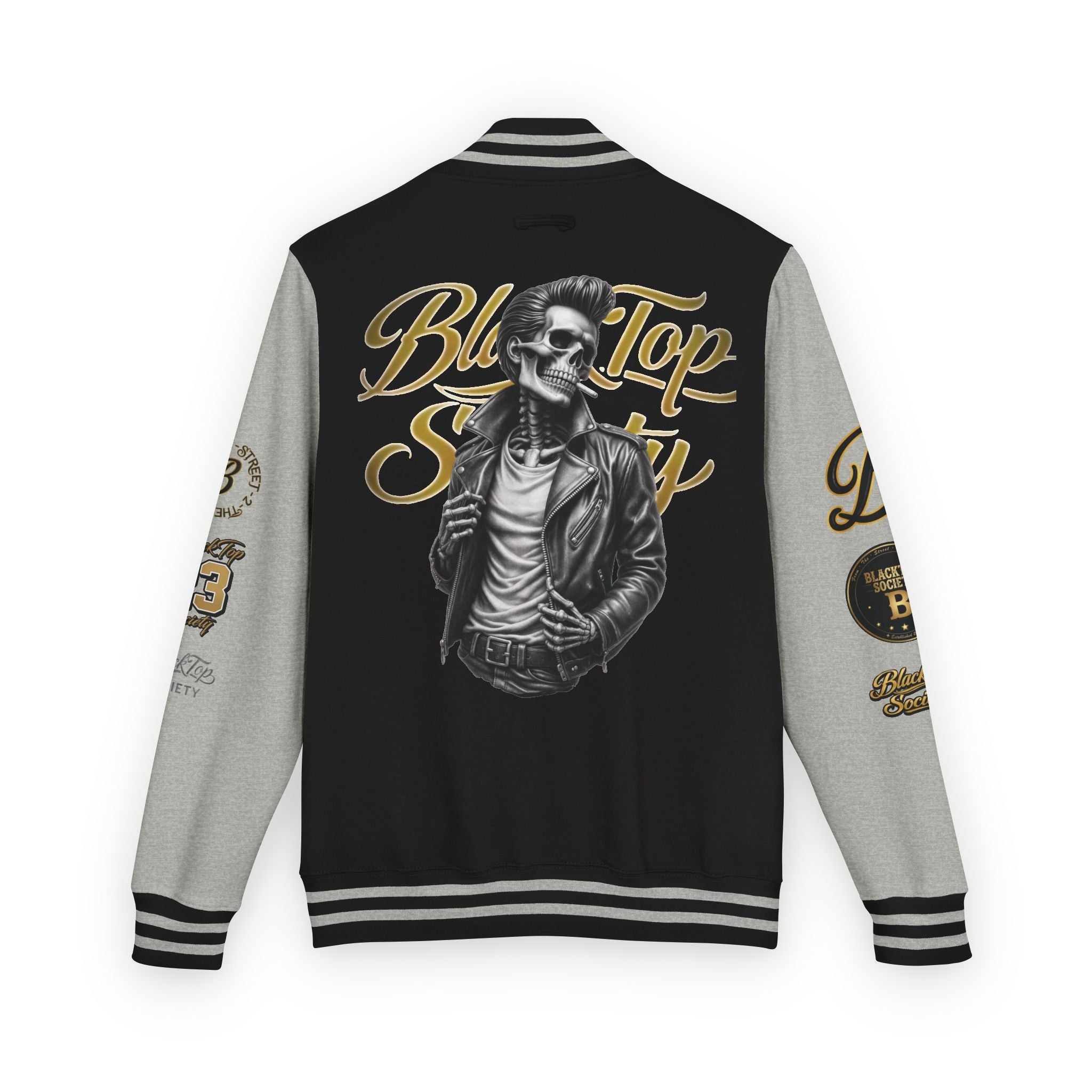 Black & White Letterman Jacket — 'Blue Top Society' Skeleton Biker Design