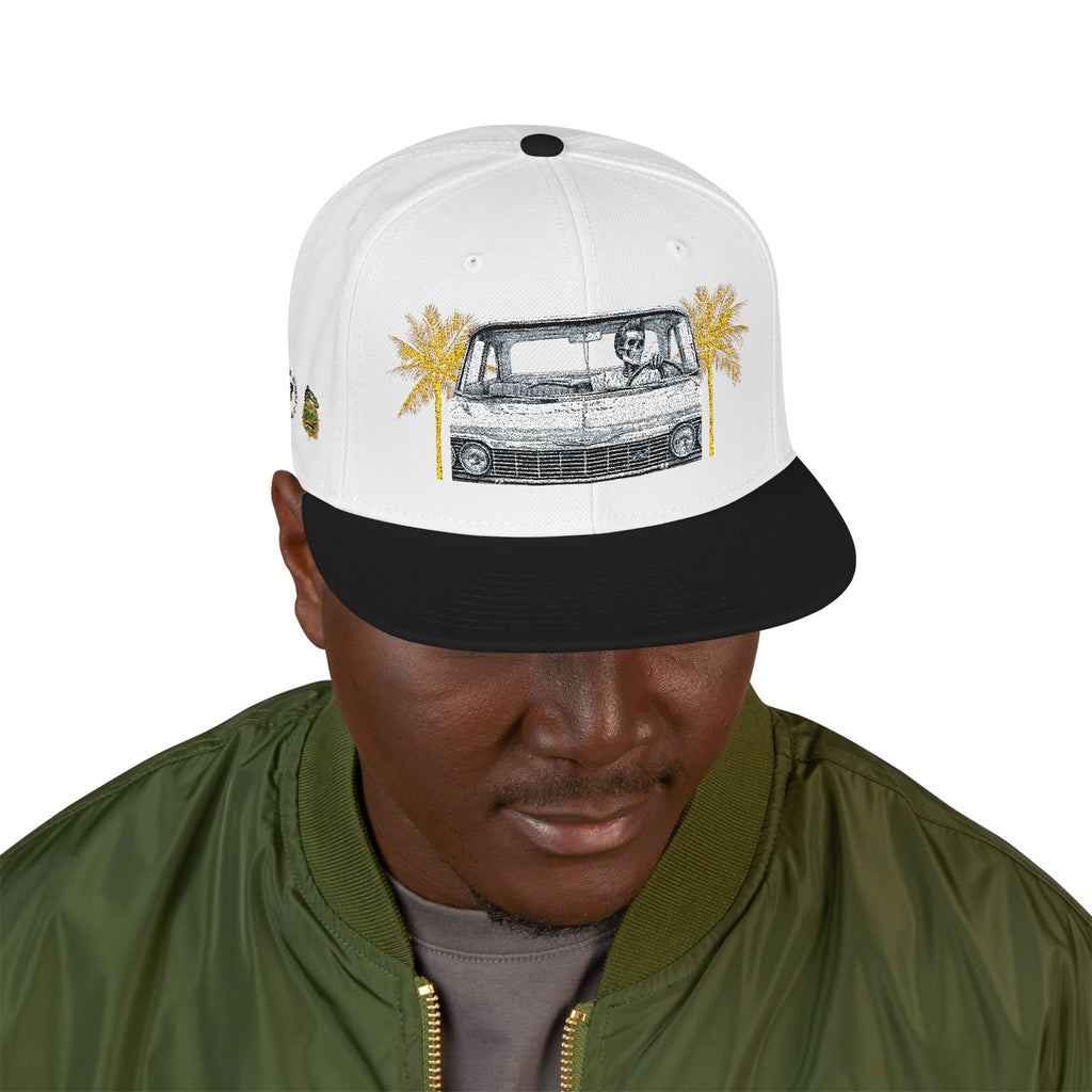 Vintage Camper Snapback Hat — Embroidered Palm Tree & Van Design