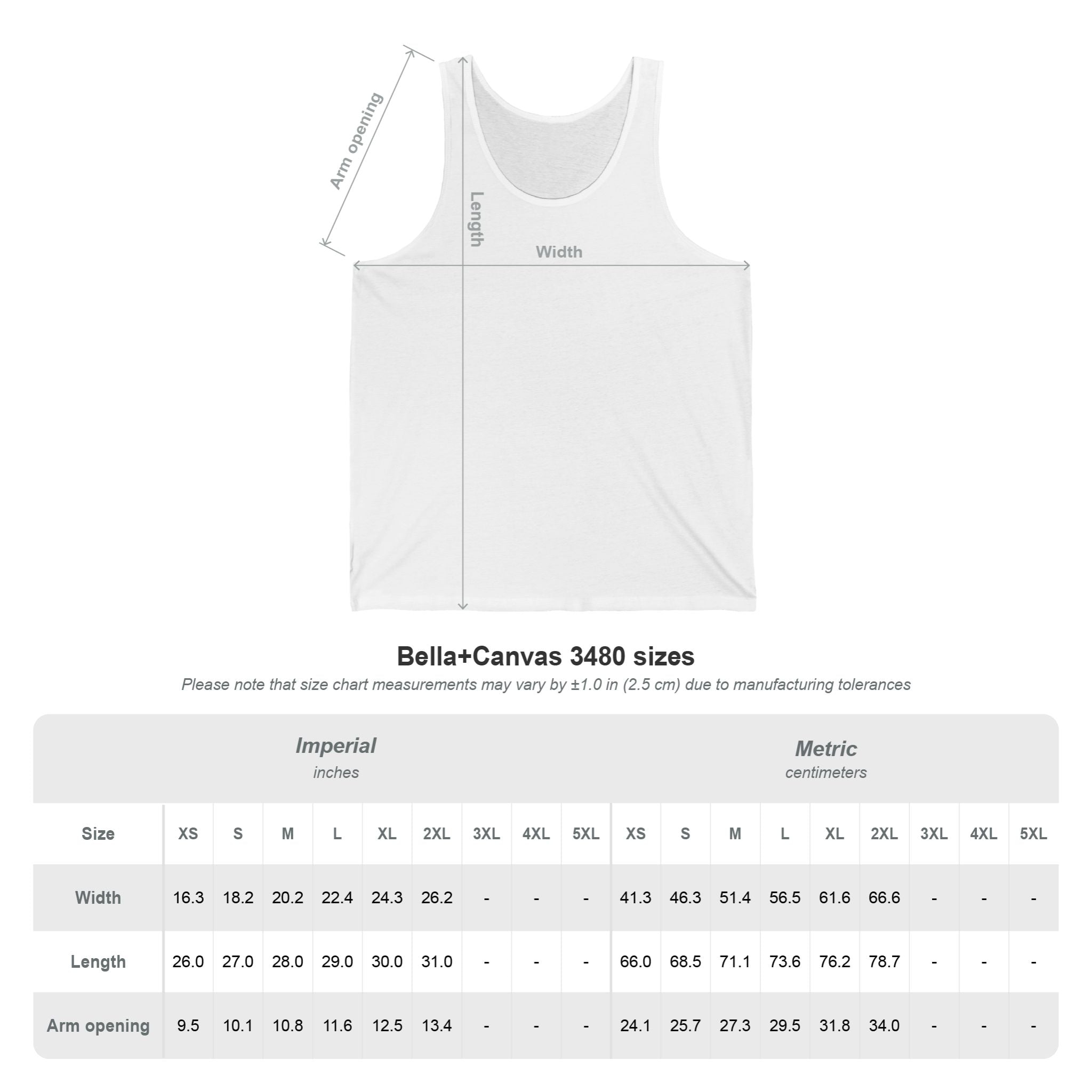 Bella+Canvas 3480 tank top size chart with measurements in inches and centimeters for streetwear fit