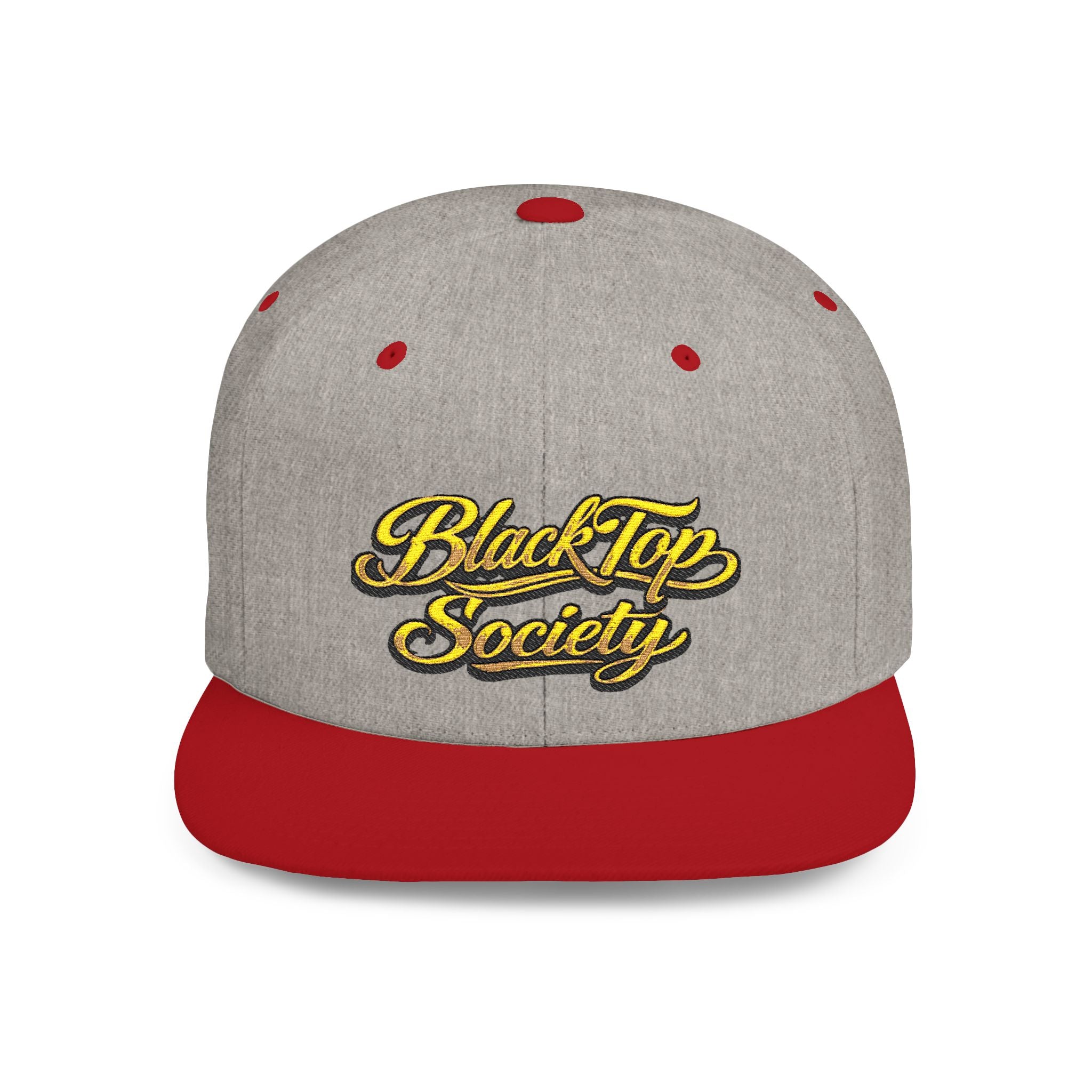 Gray and red snapback hat with BlackTop Society script logo, streetwear style cap