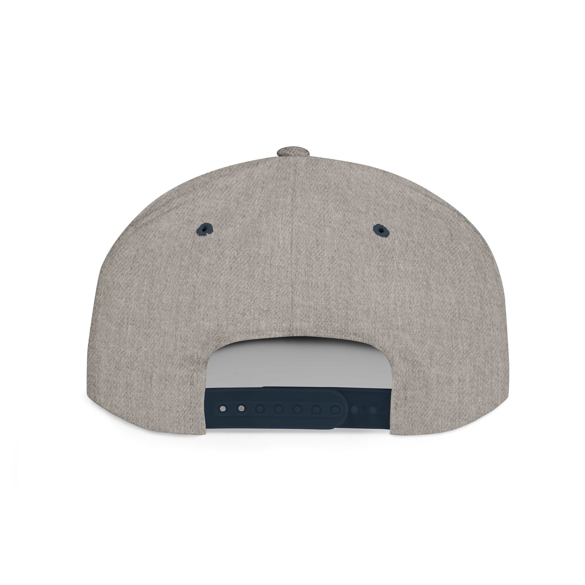 Grey heather snapback cap with black adjustable strap and eyelets, streetwear style