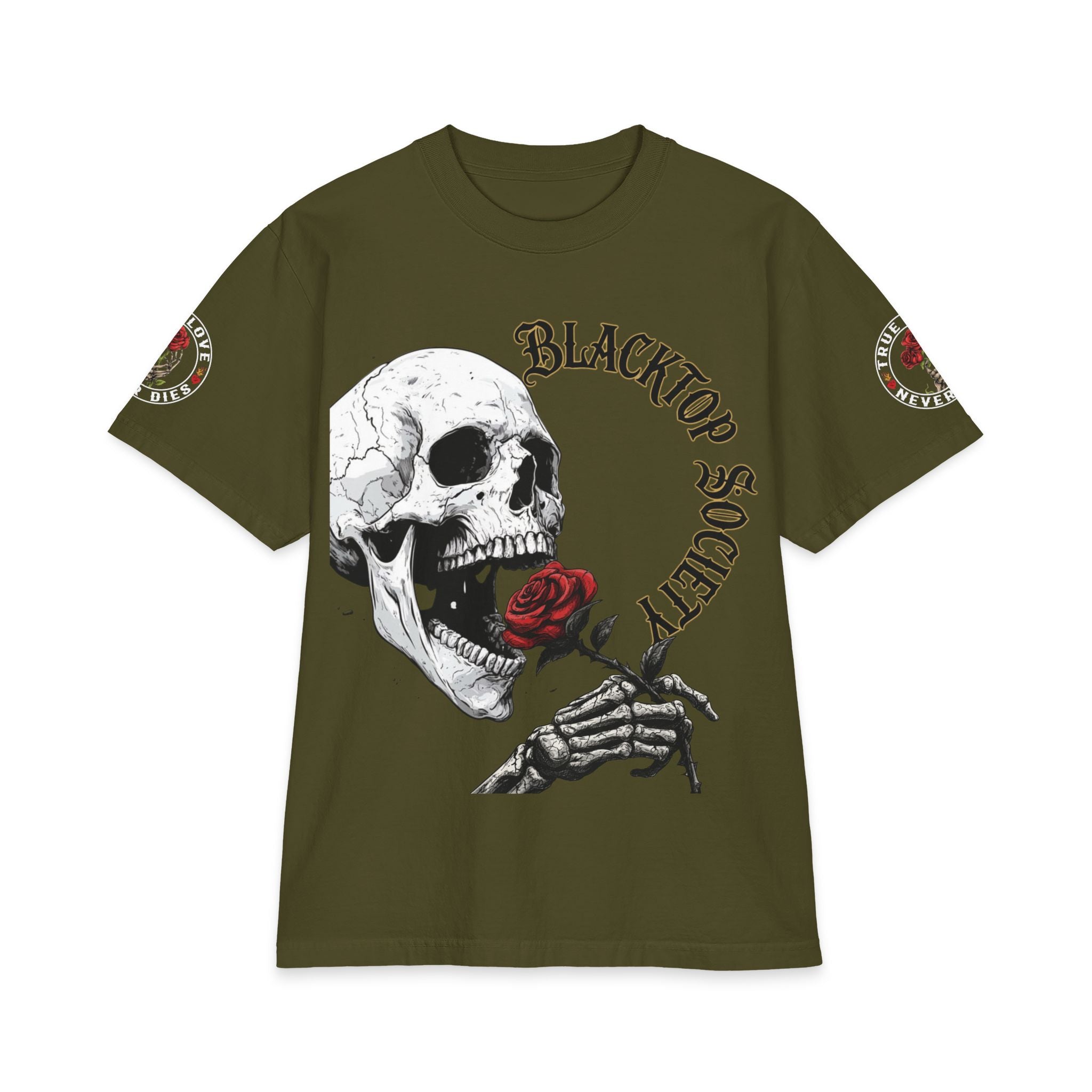 'Love Never Dies' skull and rose graphic tee — back print with skeletal hand and rose
