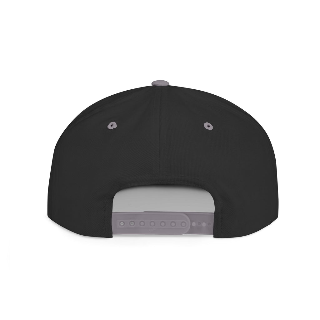 Black snapback cap with gray adjustable strap and eyelets, streetwear style