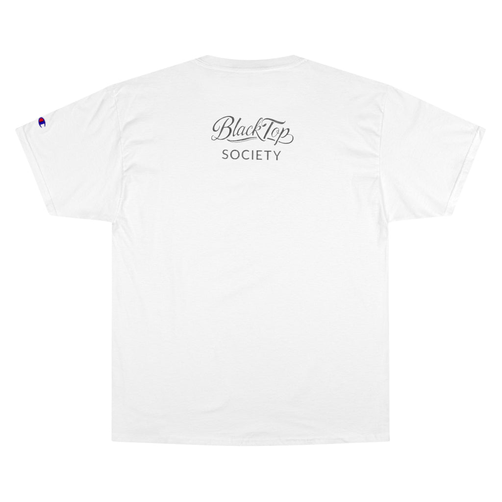 White streetwear tee with BlackTop Society script logo on back, Champion patch on sleeve