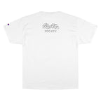 White streetwear tee with BlackTop Society script logo on back, Champion patch on sleeve