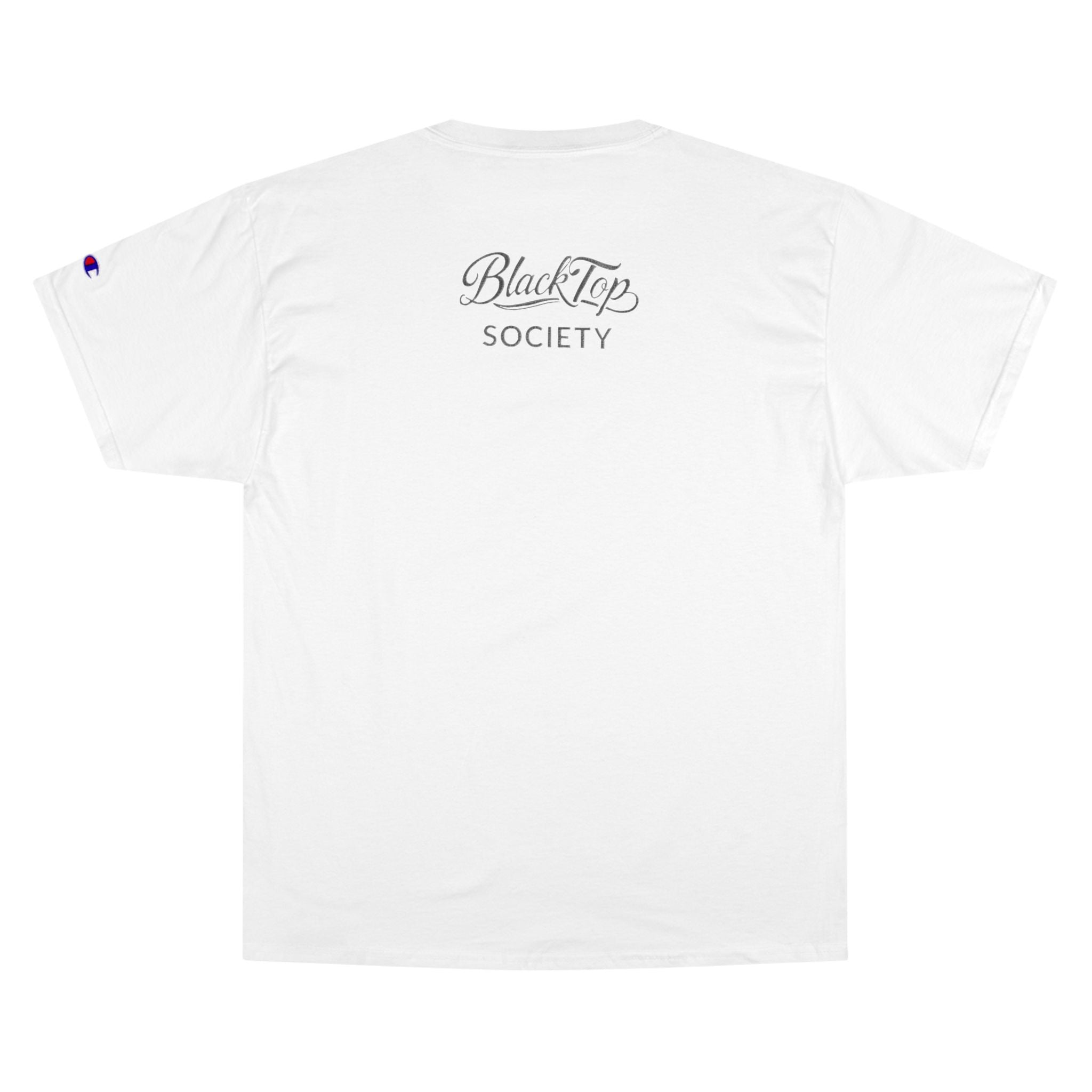 White streetwear tee with BlackTop Society script logo on back, Champion patch on sleeve