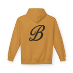 Mustard yellow hoodie with bold black cursive B graphic, streetwear style