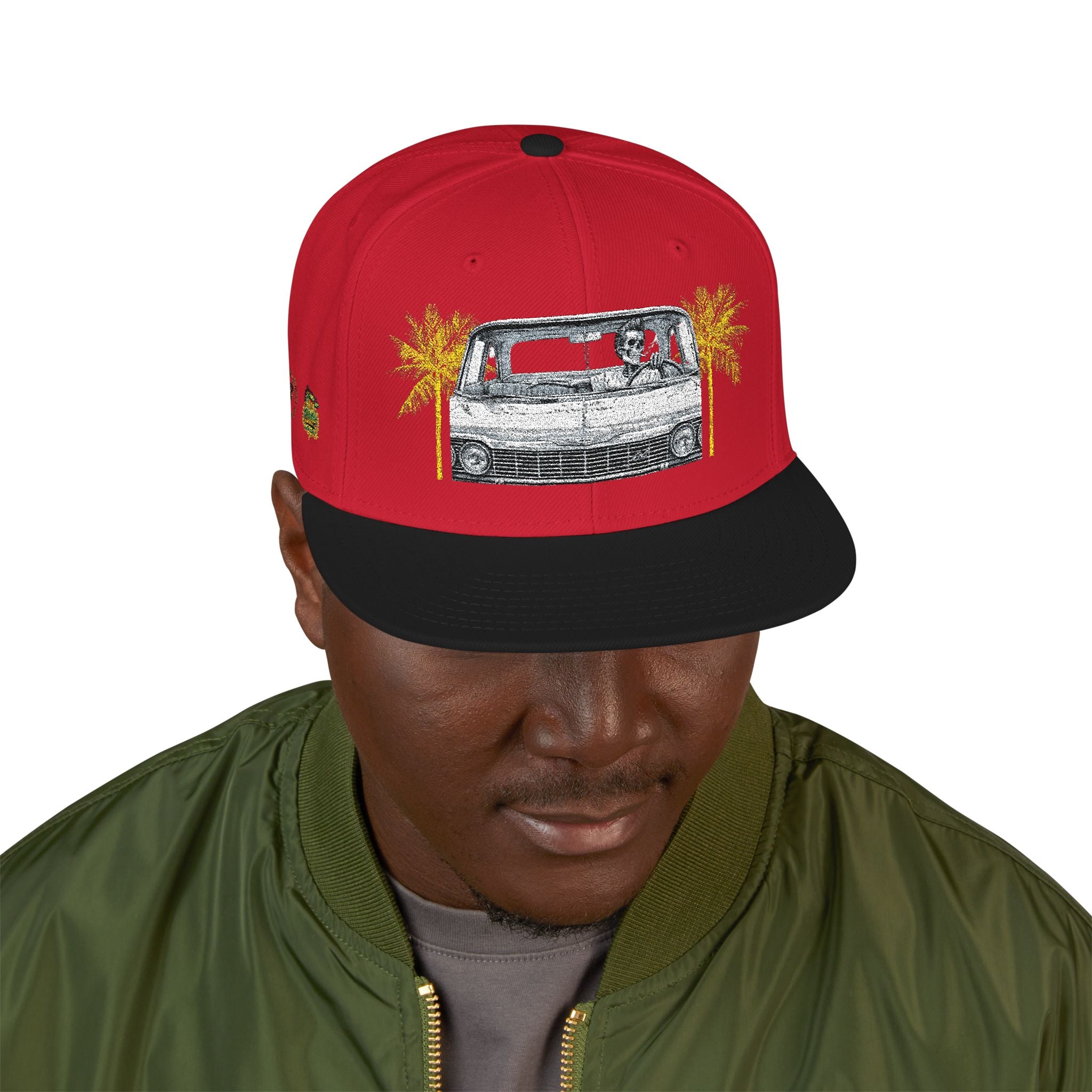 Vintage Camper Snapback Hat — Embroidered Palm Tree & Van Design