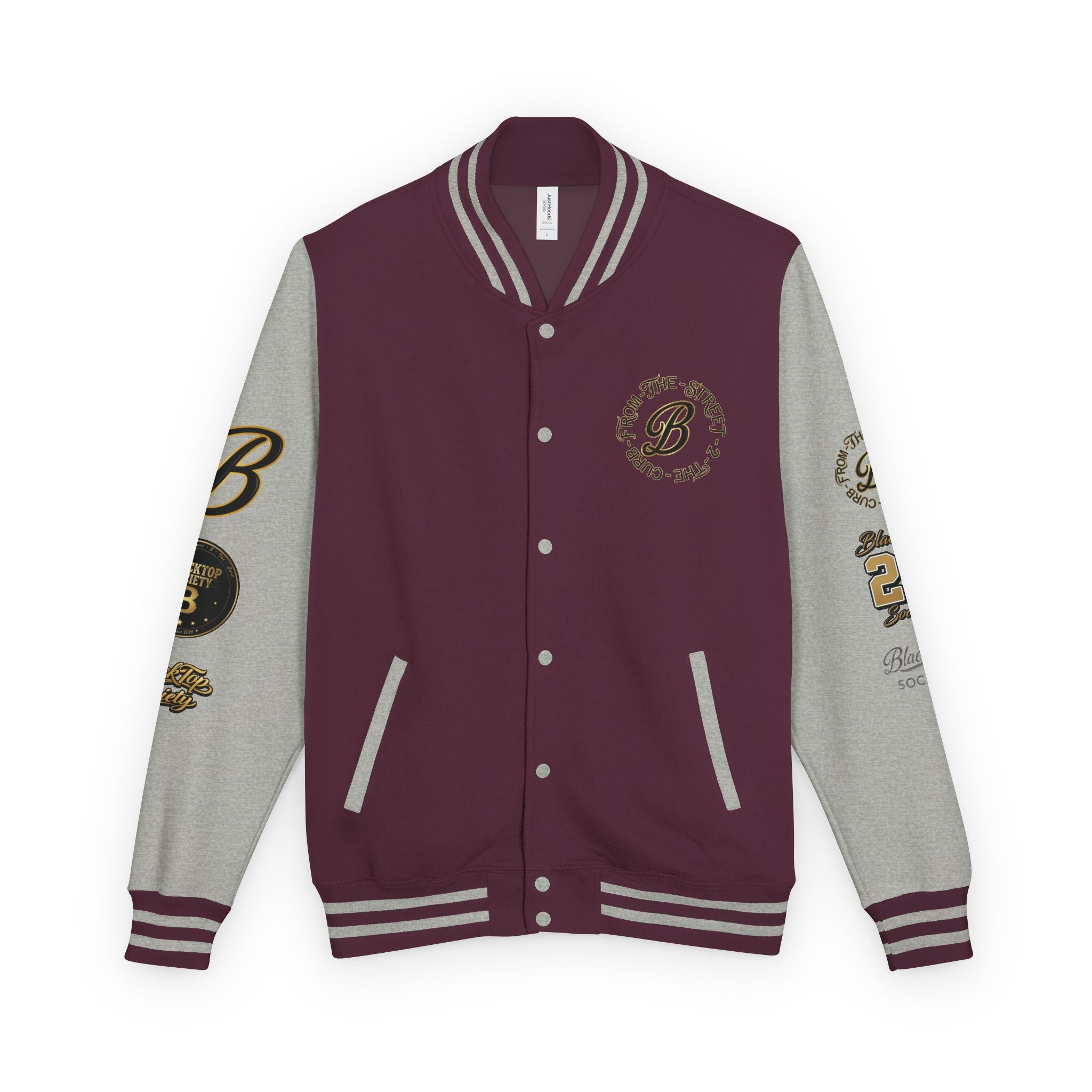 Black and white letterman jacket with skeleton biker design, Blacktop Society varsity outerwear, view 5