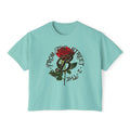 Mint green streetwear tee with red rose and 'B From The Street 2 The Curb' graphic design