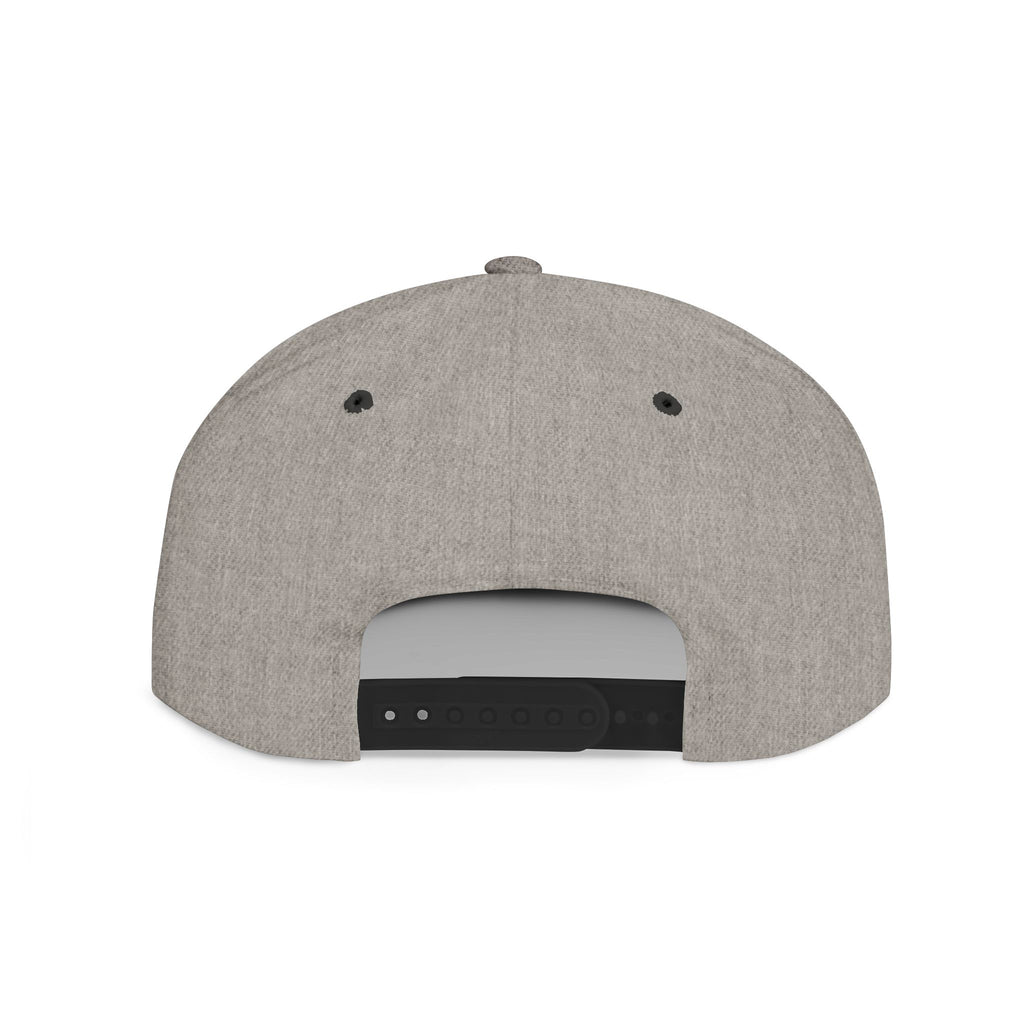 Grey heather snapback cap with black adjustable strap and eyelets, streetwear style