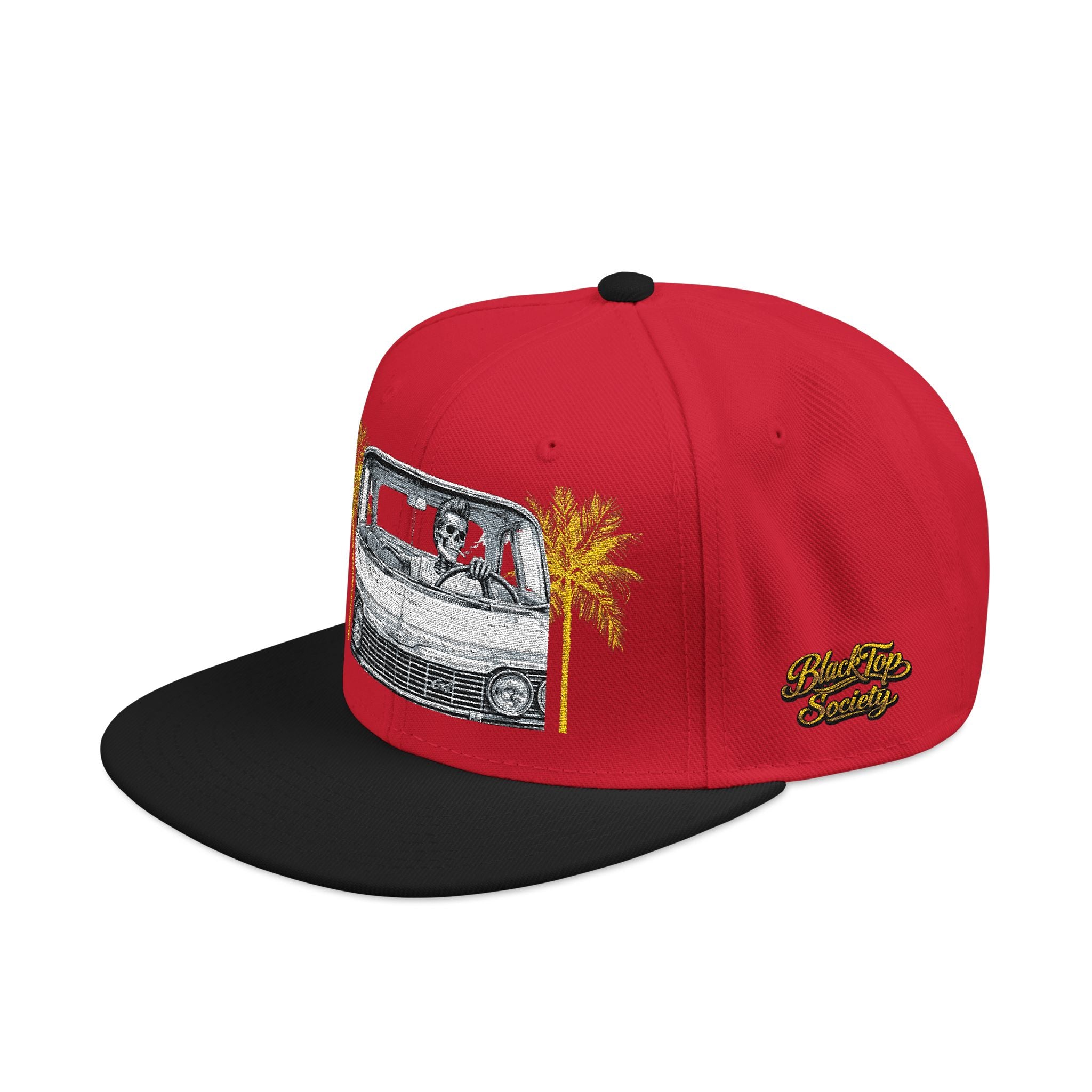 Vintage camper snapback hat with embroidered palm tree and van design, view 5