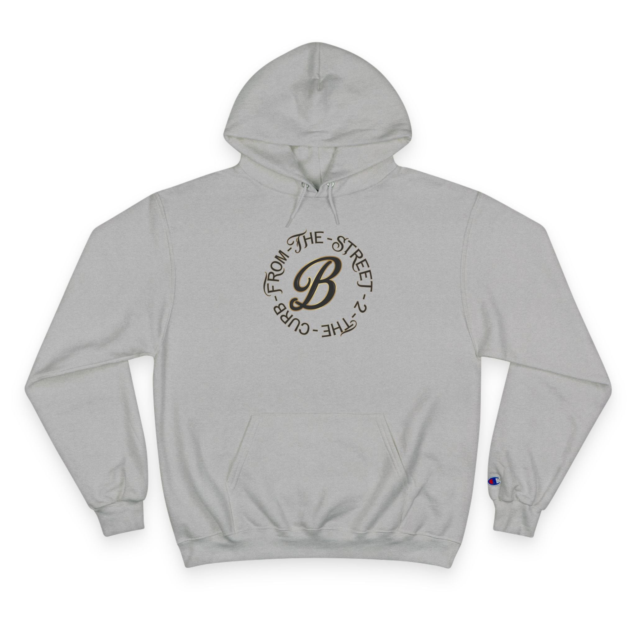 Gray streetwear hoodie with 'From The Street 2 The Curb' graphic and bold B logo, Champion brand tag