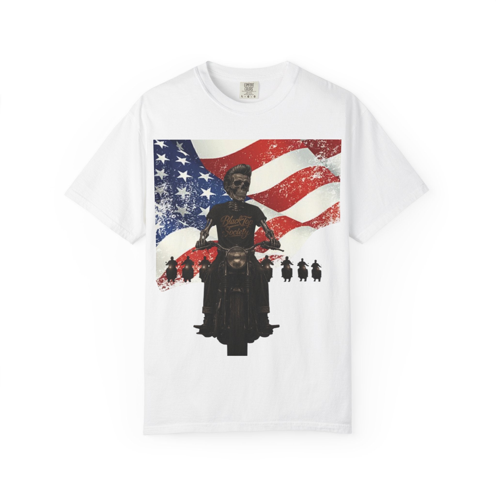 Patriotic 'This is our Land' t-shirt — American flag rider graphic, front view, black