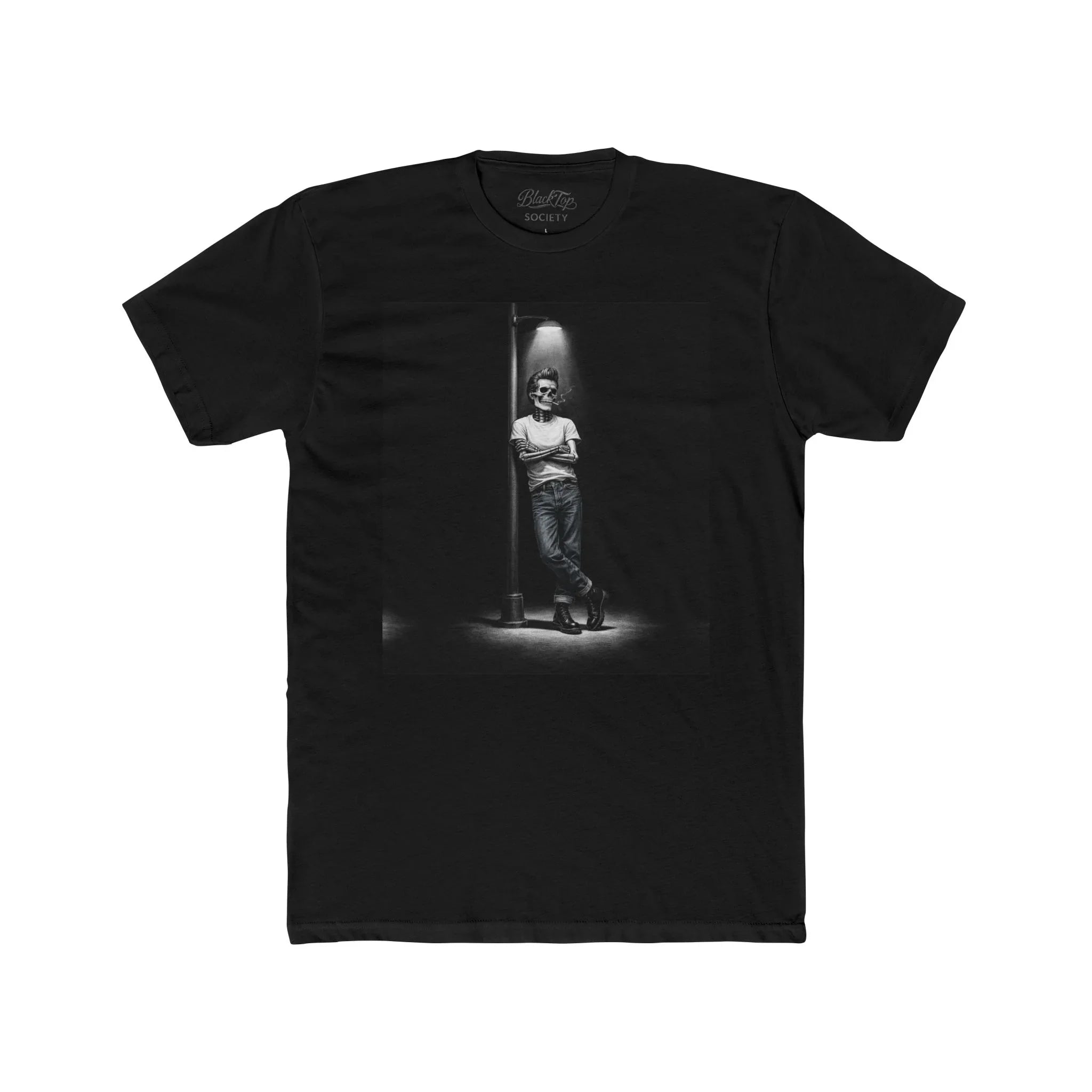 Black graphic tee with skeleton under streetlight, streetwear style
