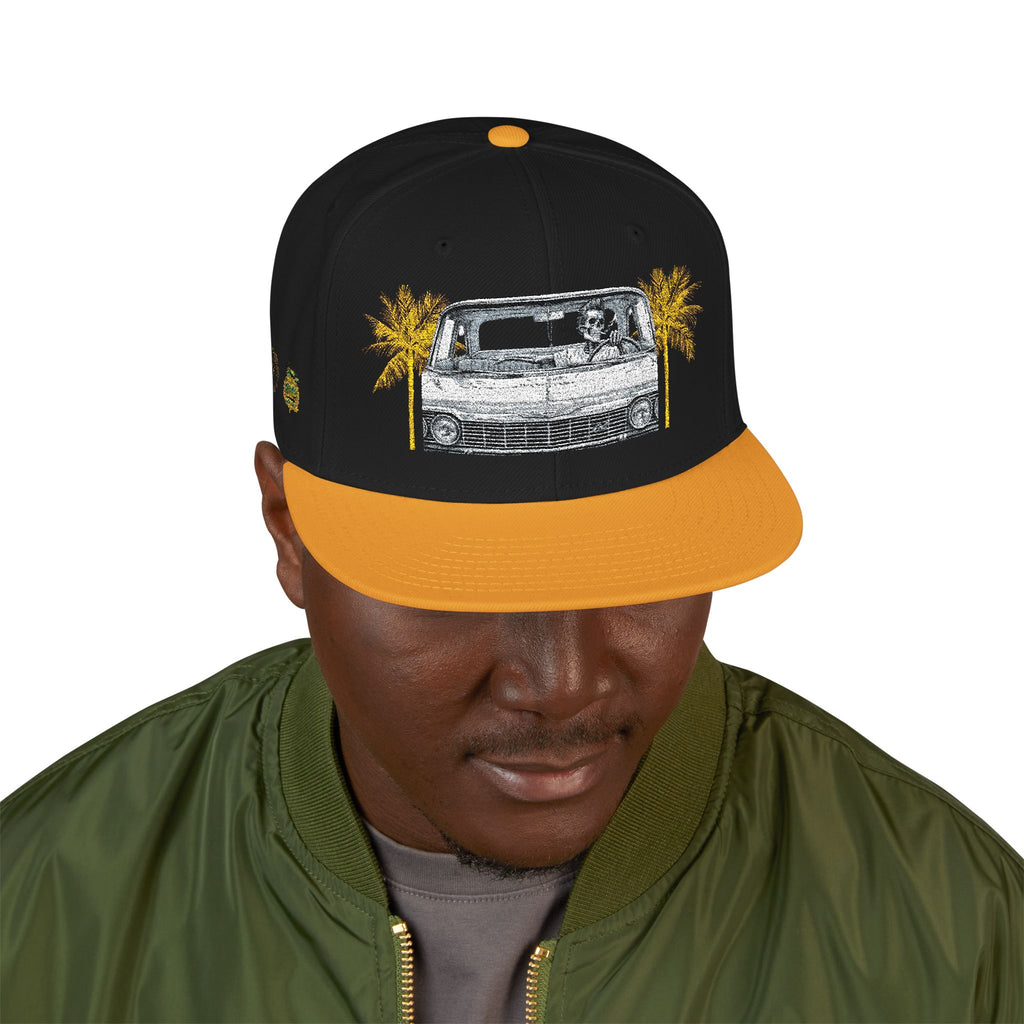 Vintage Camper Snapback Hat — Embroidered Palm Tree & Van Design