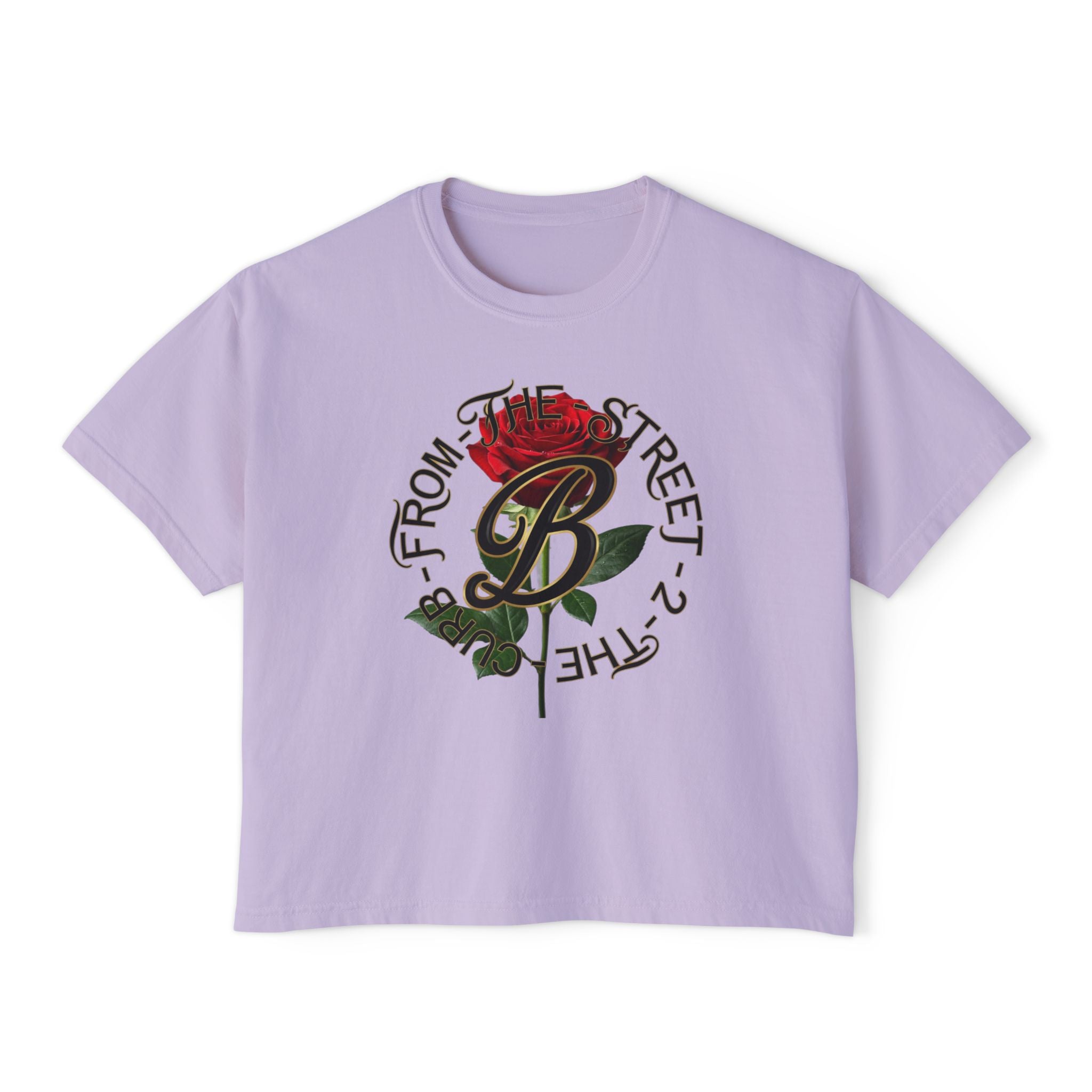 Lavender streetwear tee with red rose graphic and 'B From The Street 2 The Curb' text