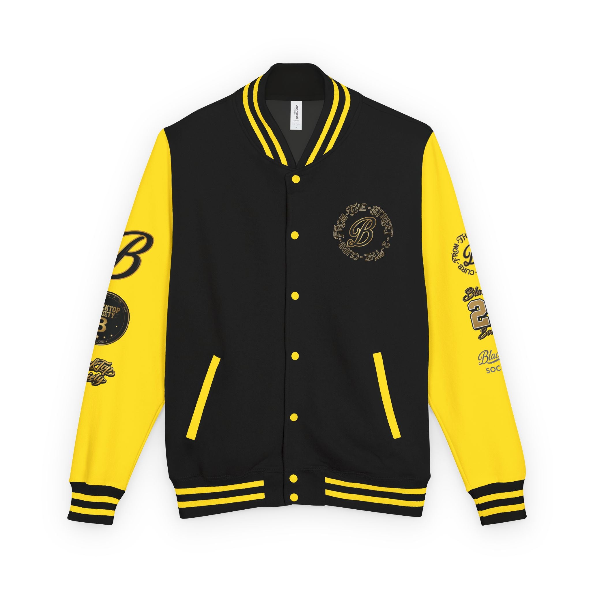 Black and white letterman jacket with skeleton biker design, Blacktop Society varsity outerwear, view 4