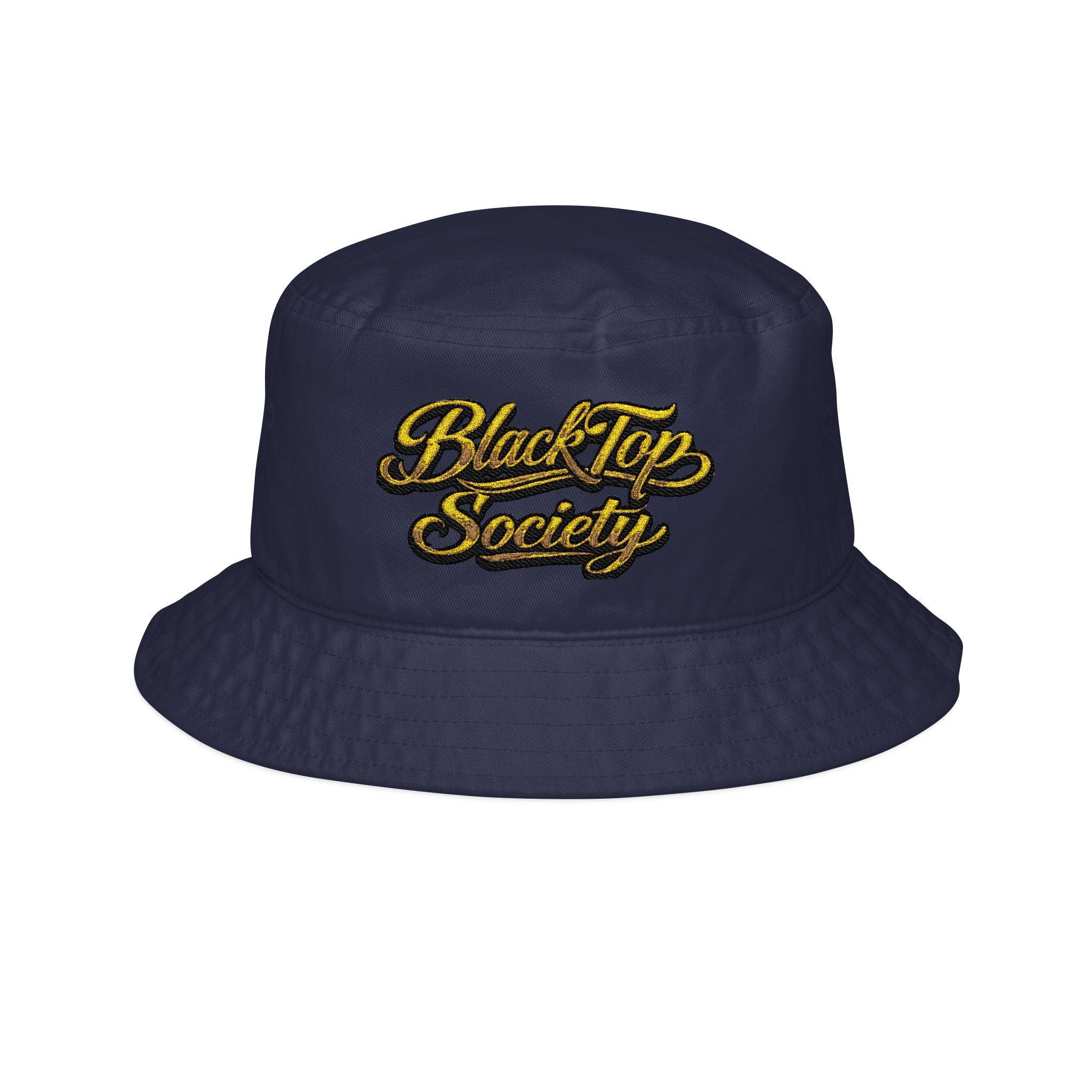 Black Top Society streetwear bucket hat with gold script embroidery — white colorway