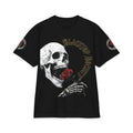 'Love Never Dies' skull and rose graphic tee — front view, black
