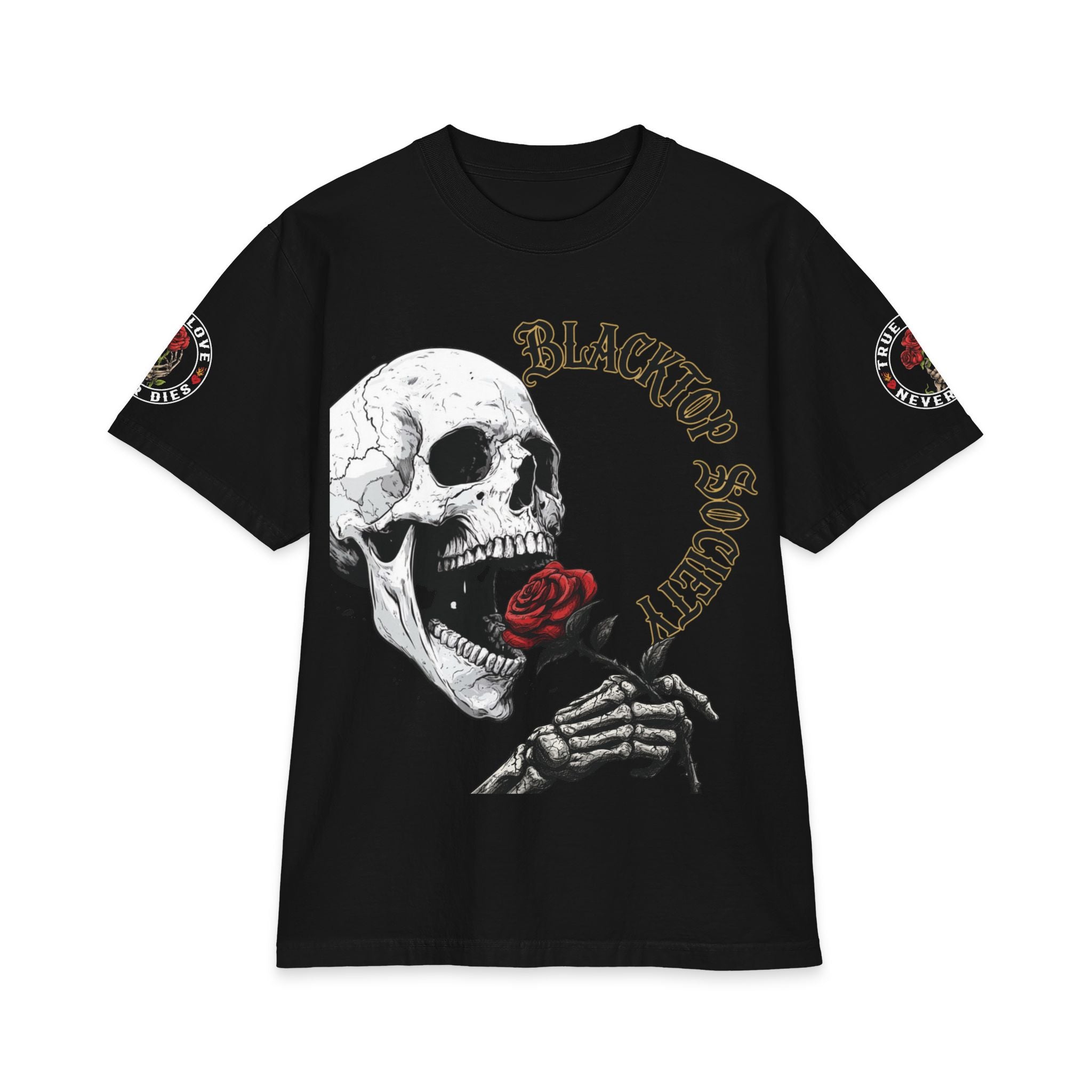 'Love Never Dies' skull and rose graphic tee — front view, black