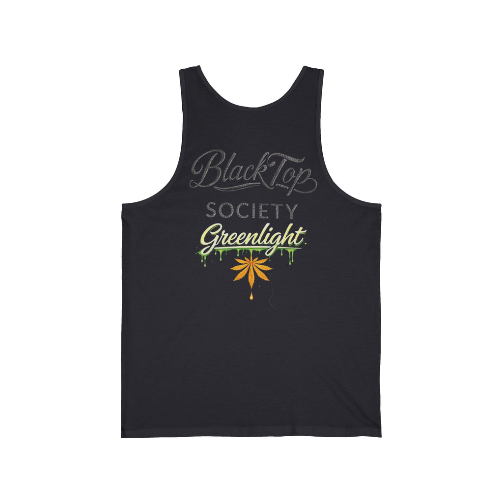 Black tank top with 'BlackTop Society Greenlight' graphic and leaf design, streetwear style
