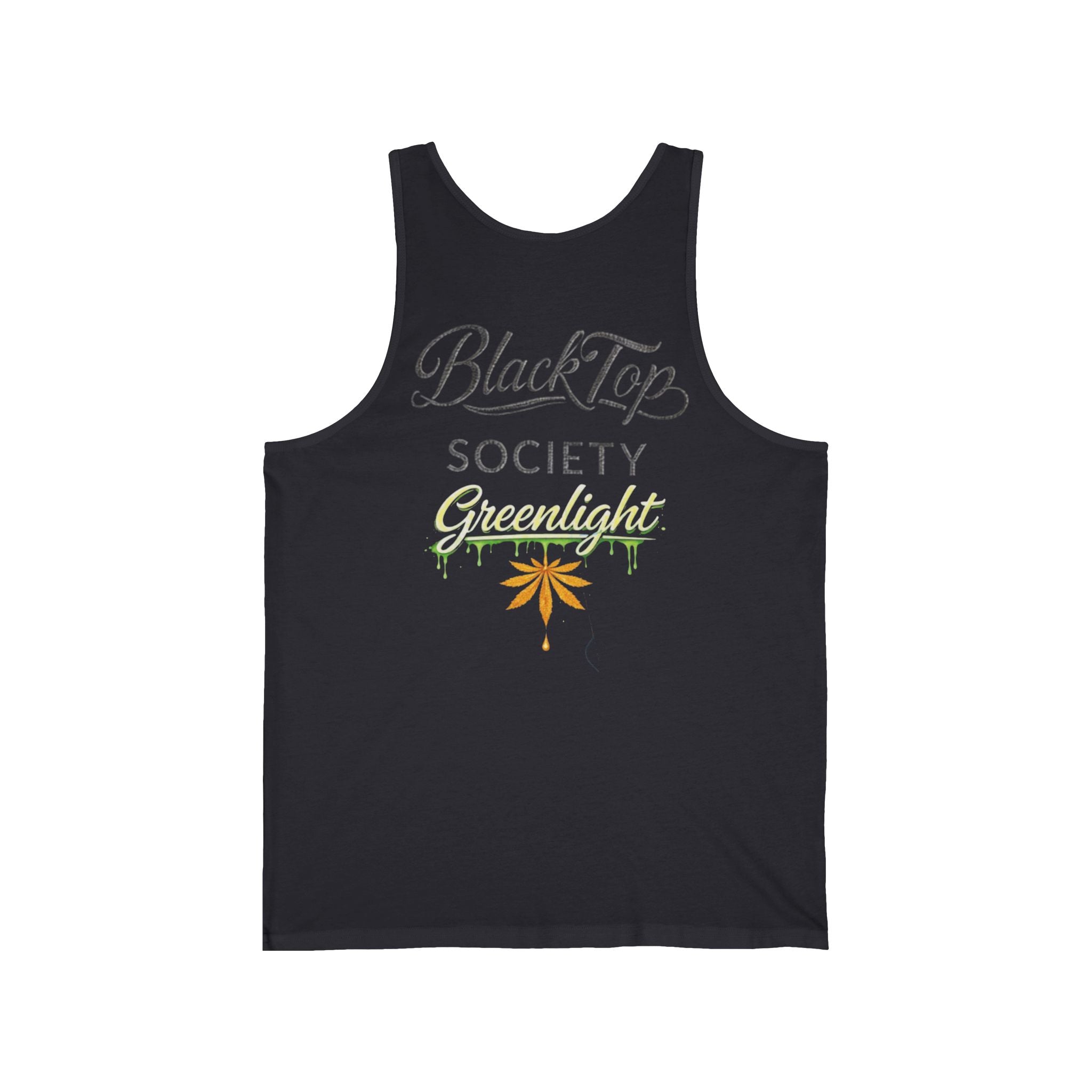 Black tank top with 'BlackTop Society Greenlight' graphic and leaf design, streetwear style