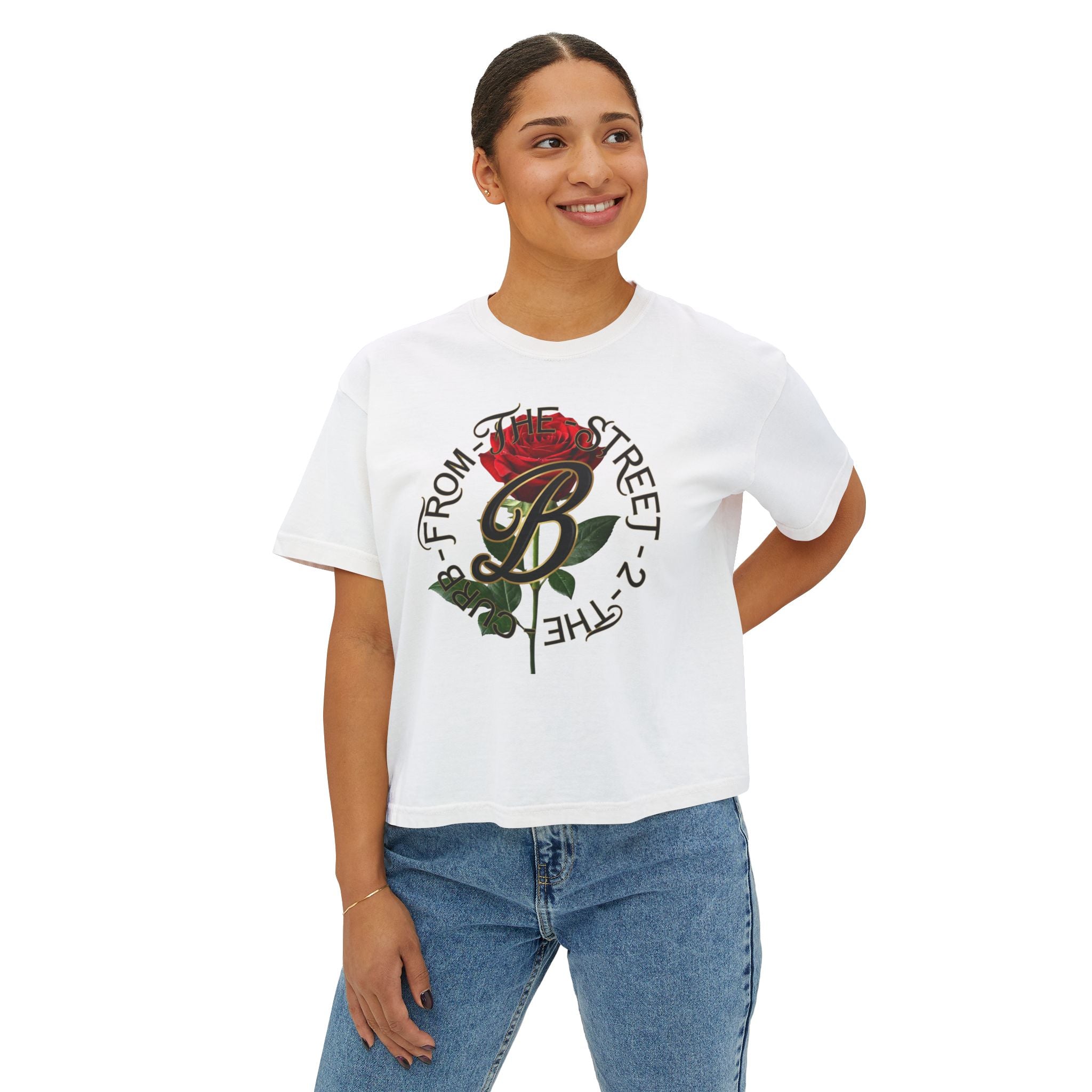 White streetwear tee with red rose graphic and 'From The Street 2 The Curb' text, styled with jeans.